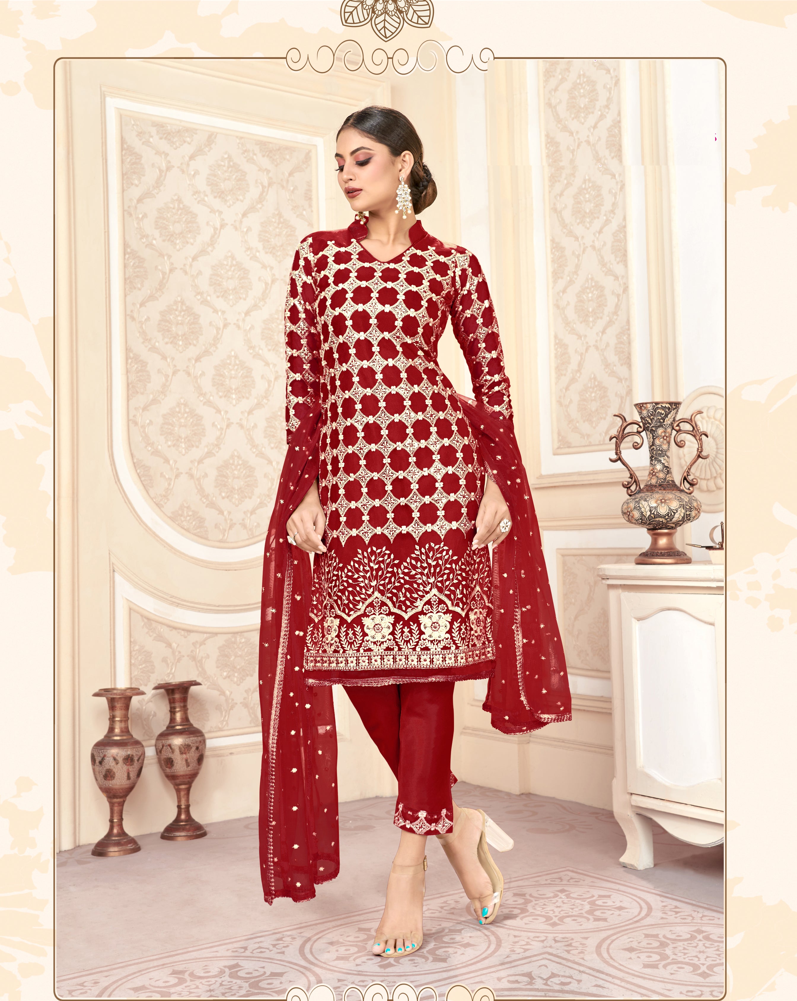 Red Women Net Heavy Embroidery Work Semi Stitch Dress Material.