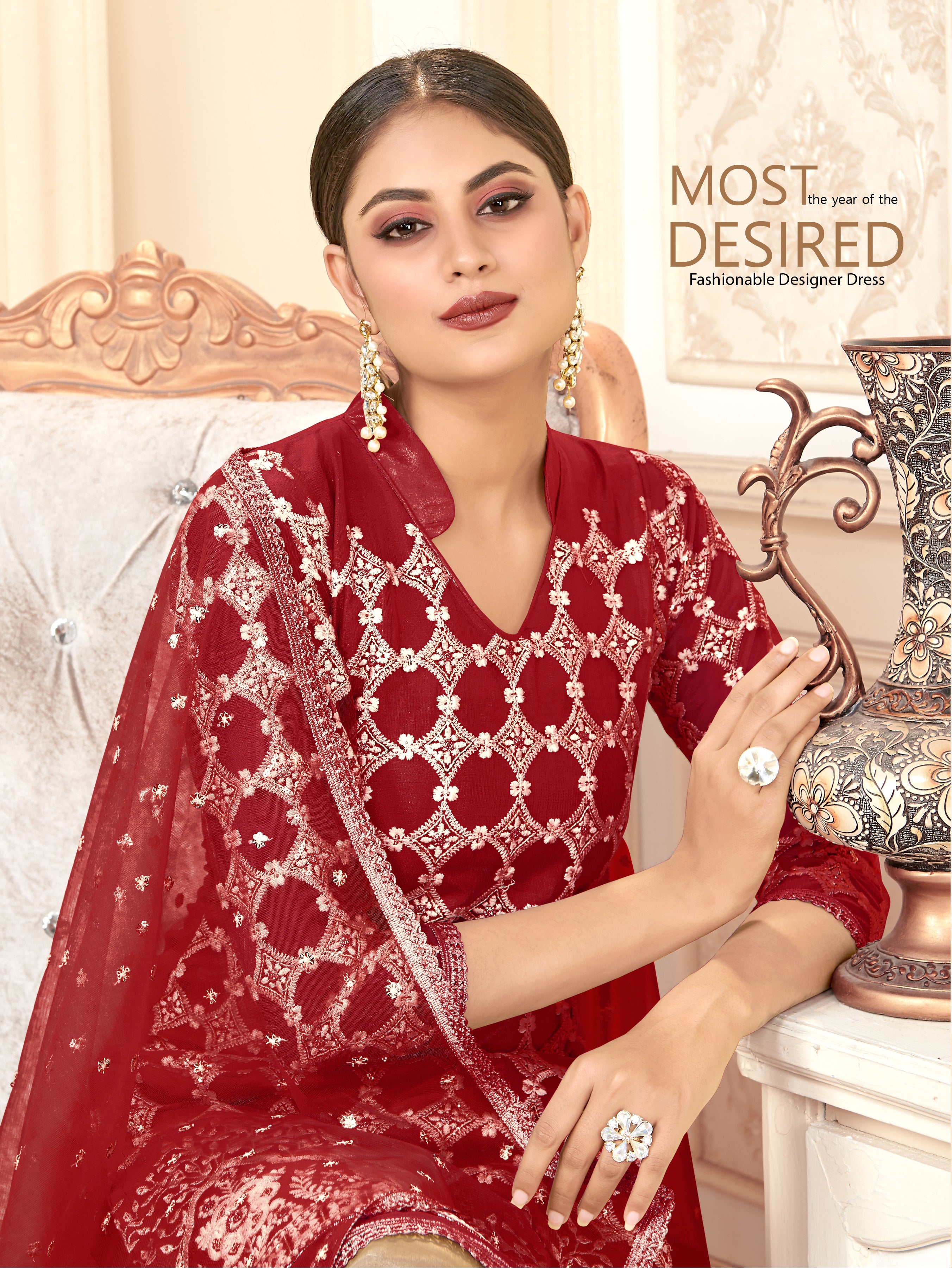 Red Women Net Heavy Embroidery Work Semi Stitch Dress Material.