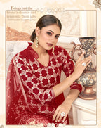 Red Women Net Heavy Embroidery Work Semi Stitch Dress Material.