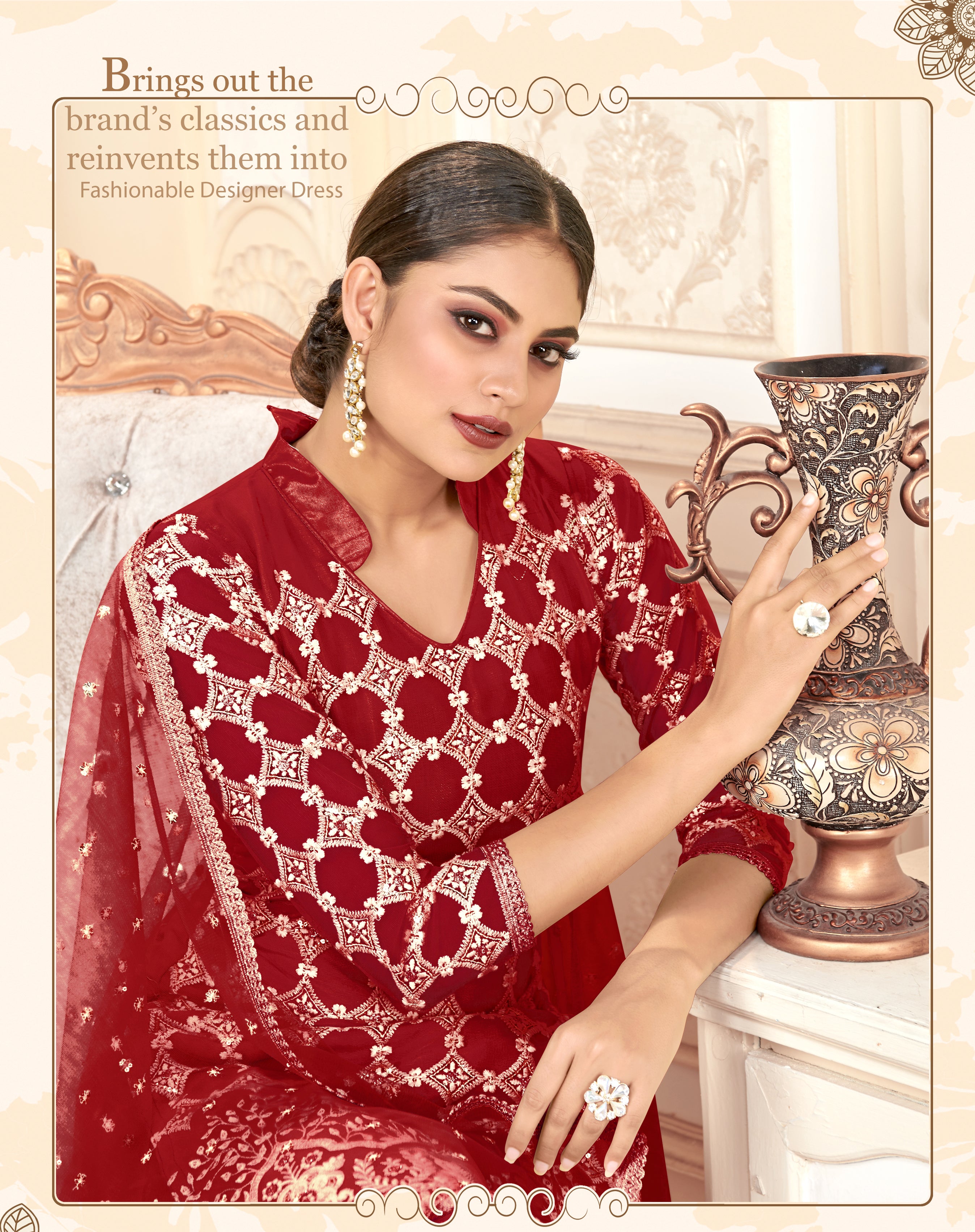 Red Women Net Heavy Embroidery Work Semi Stitch Dress Material.