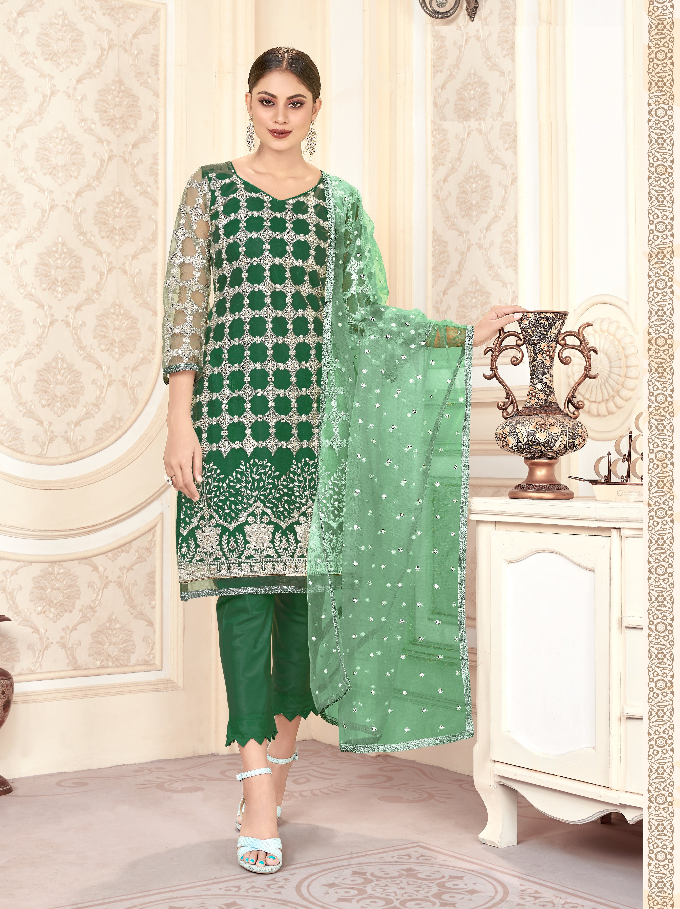 Green Women Net Heavy Embroidery Work Semi Stitch Dress Material.