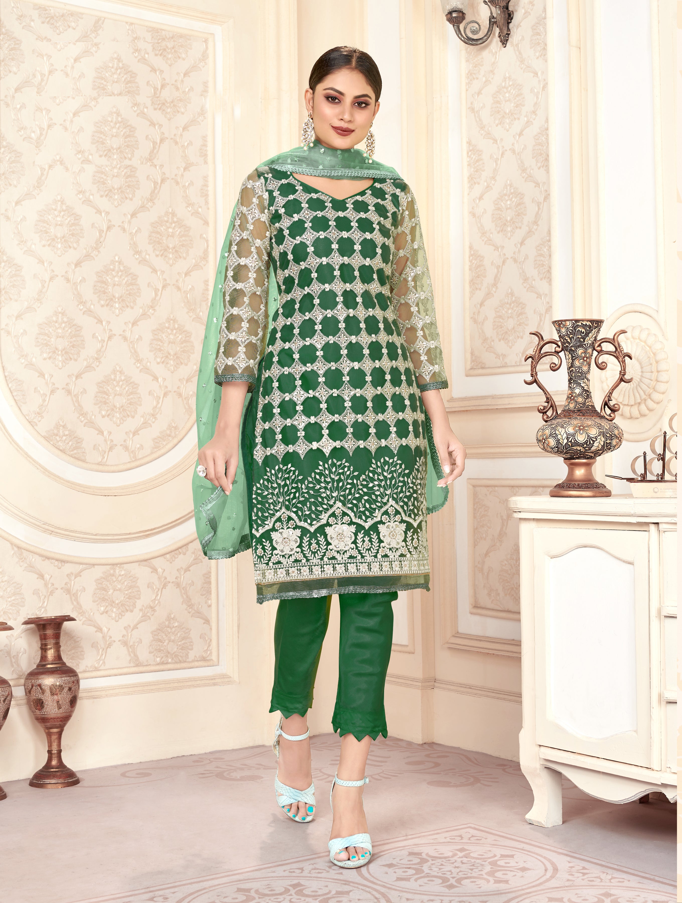 Green Women Net Heavy Embroidery Work Semi Stitch Dress Material.