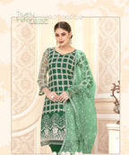 Green Women Net Heavy Embroidery Work Semi Stitch Dress Material.
