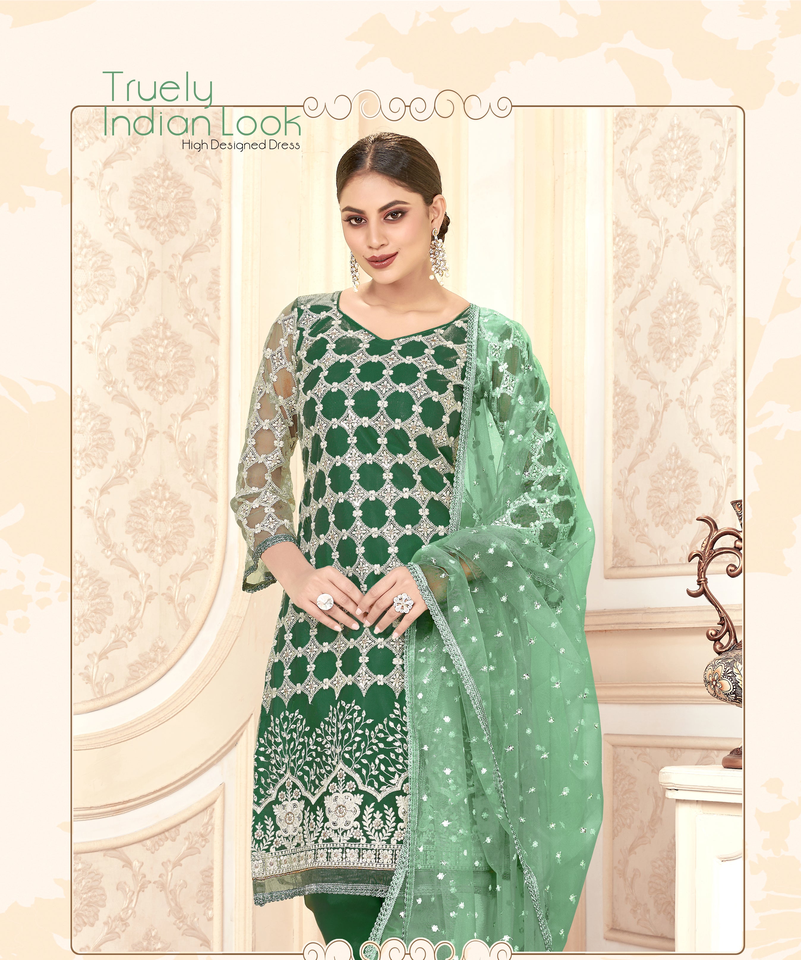 Green Women Net Heavy Embroidery Work Semi Stitch Dress Material.