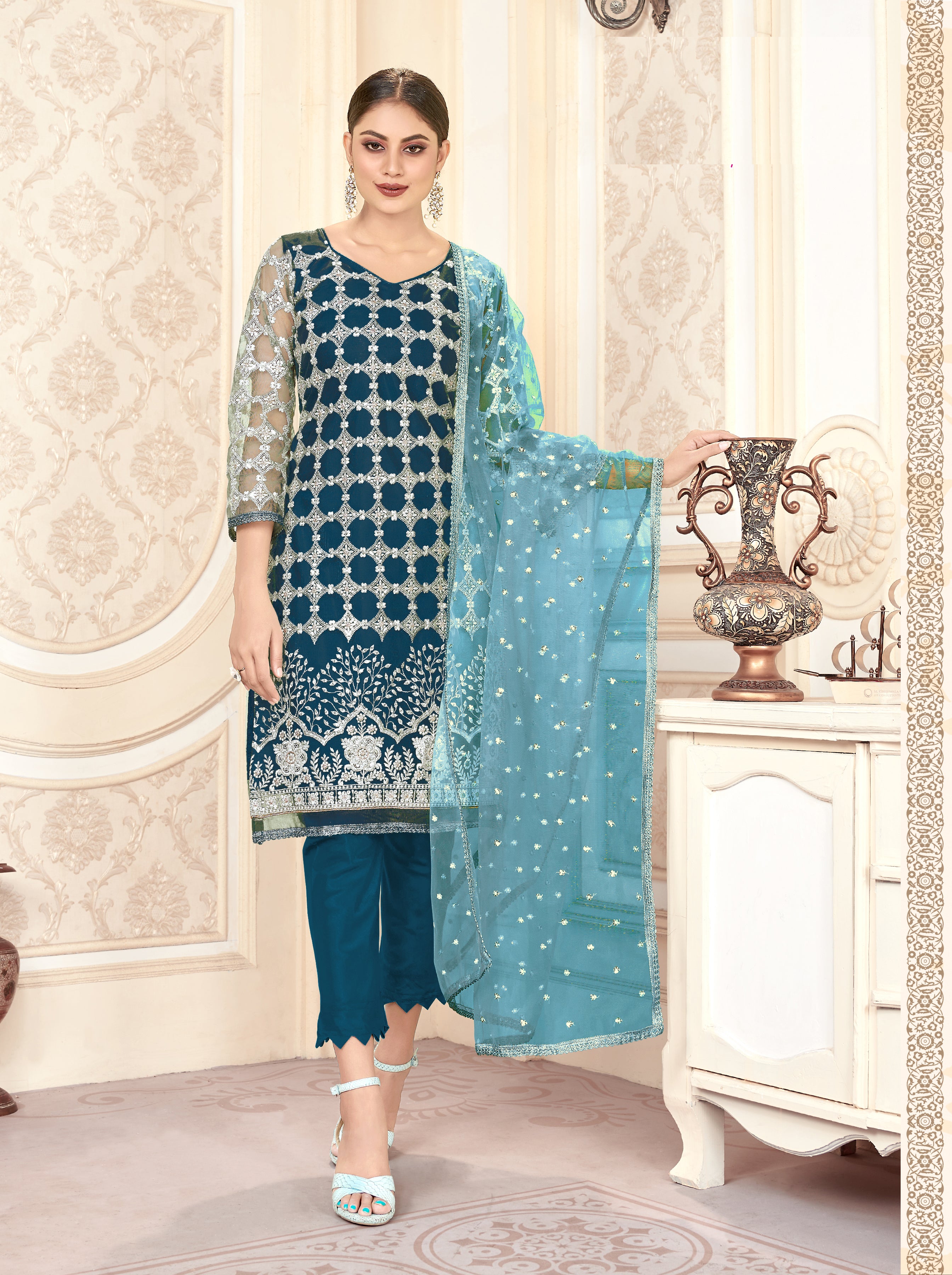 Blue Women Net Heavy Embroidery Work Semi Stitch Dress Material.