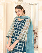 Blue Women Net Heavy Embroidery Work Semi Stitch Dress Material.