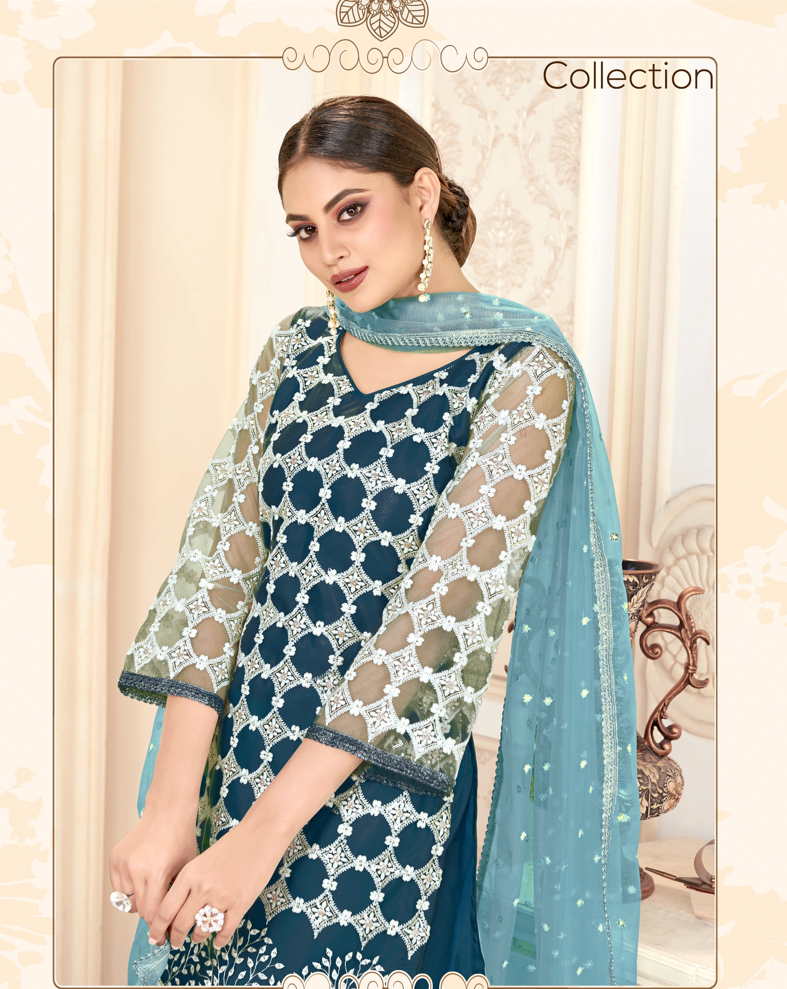 Blue Women Net Heavy Embroidery Work Semi Stitch Dress Material.
