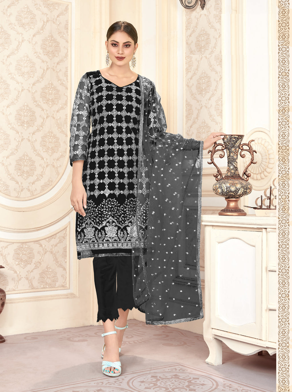 Black Women Net Heavy Embroidery Work Semi Stitch Dress Material.