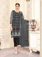 Black Women Net Heavy Embroidery Work Semi Stitch Dress Material.