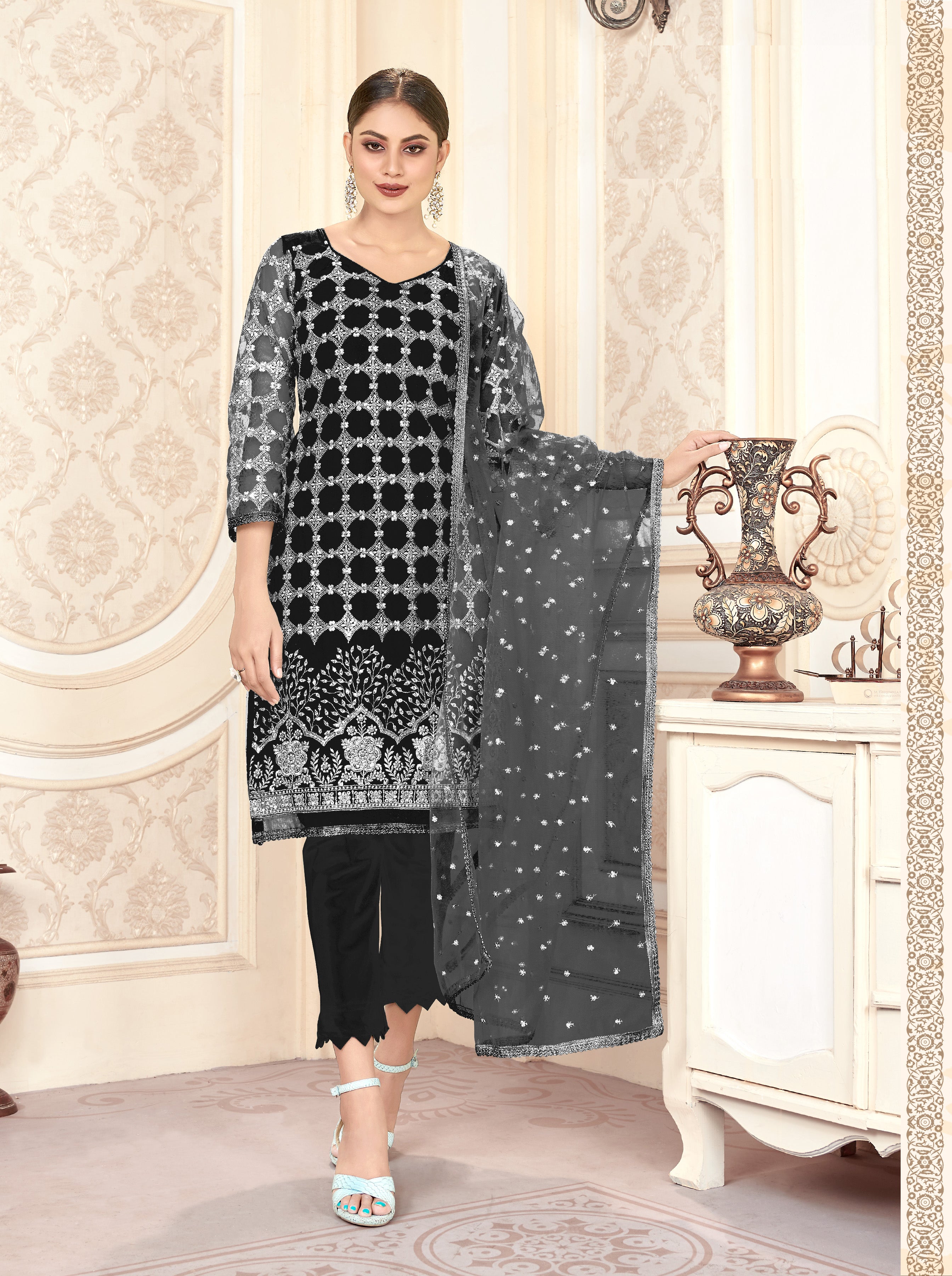 Black Women Net Heavy Embroidery Work Semi Stitch Dress Material.