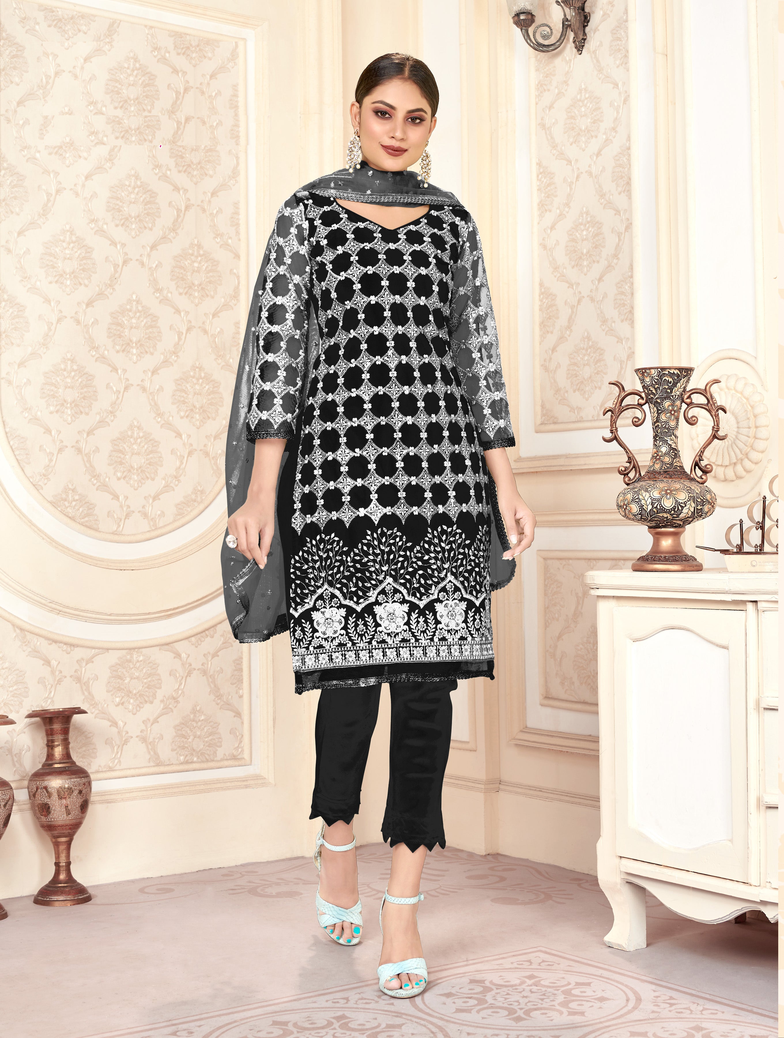 Black Women Net Heavy Embroidery Work Semi Stitch Dress Material.