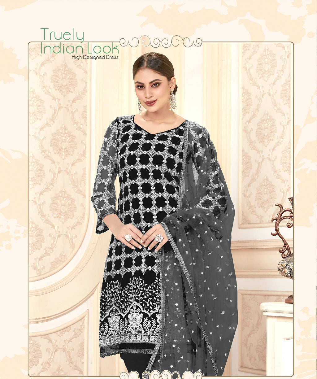 Black Women Net Heavy Embroidery Work Semi Stitch Dress Material.