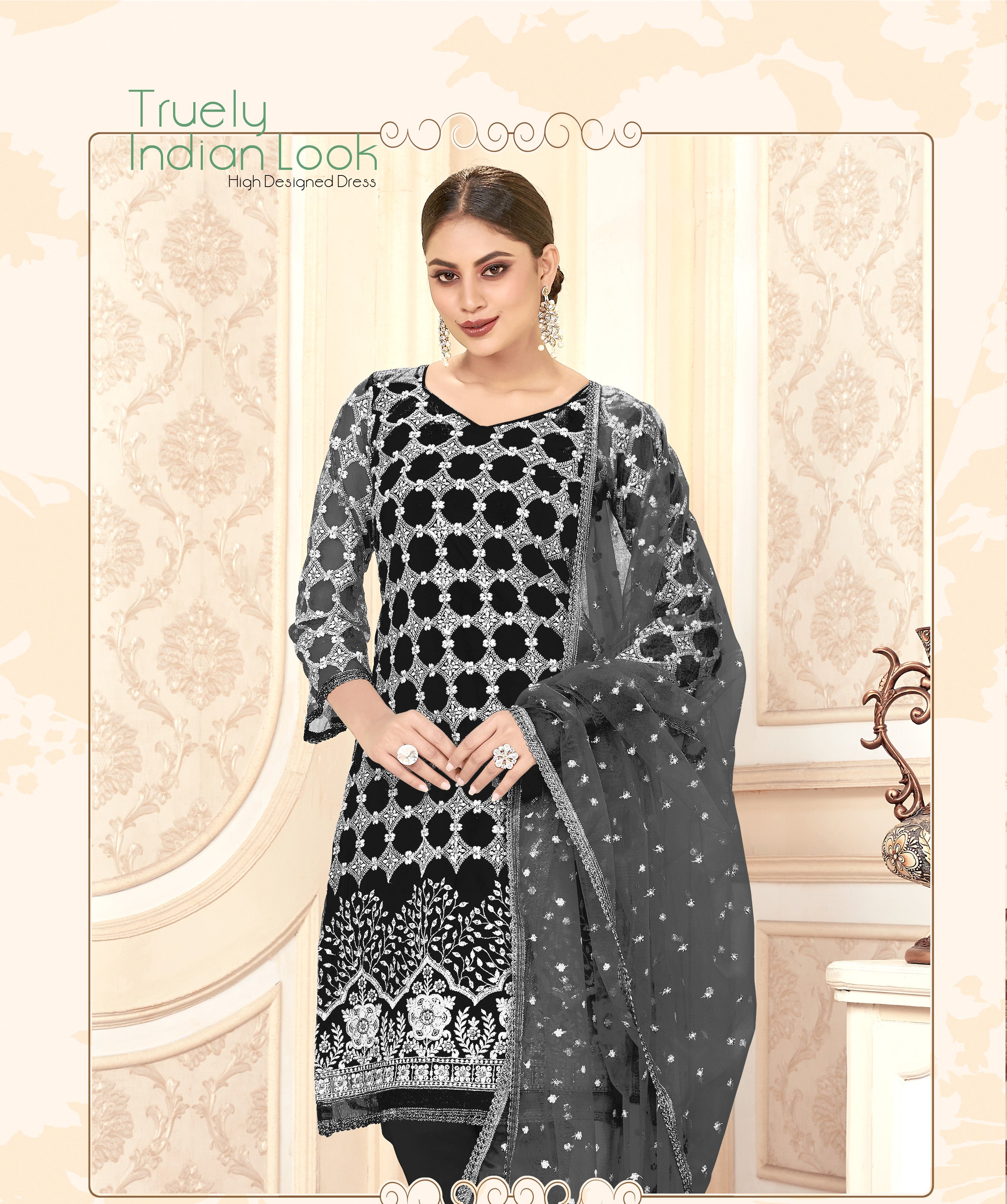 Black Women Net Heavy Embroidery Work Semi Stitch Dress Material.