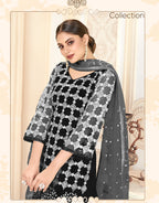 Black Women Net Heavy Embroidery Work Semi Stitch Dress Material.