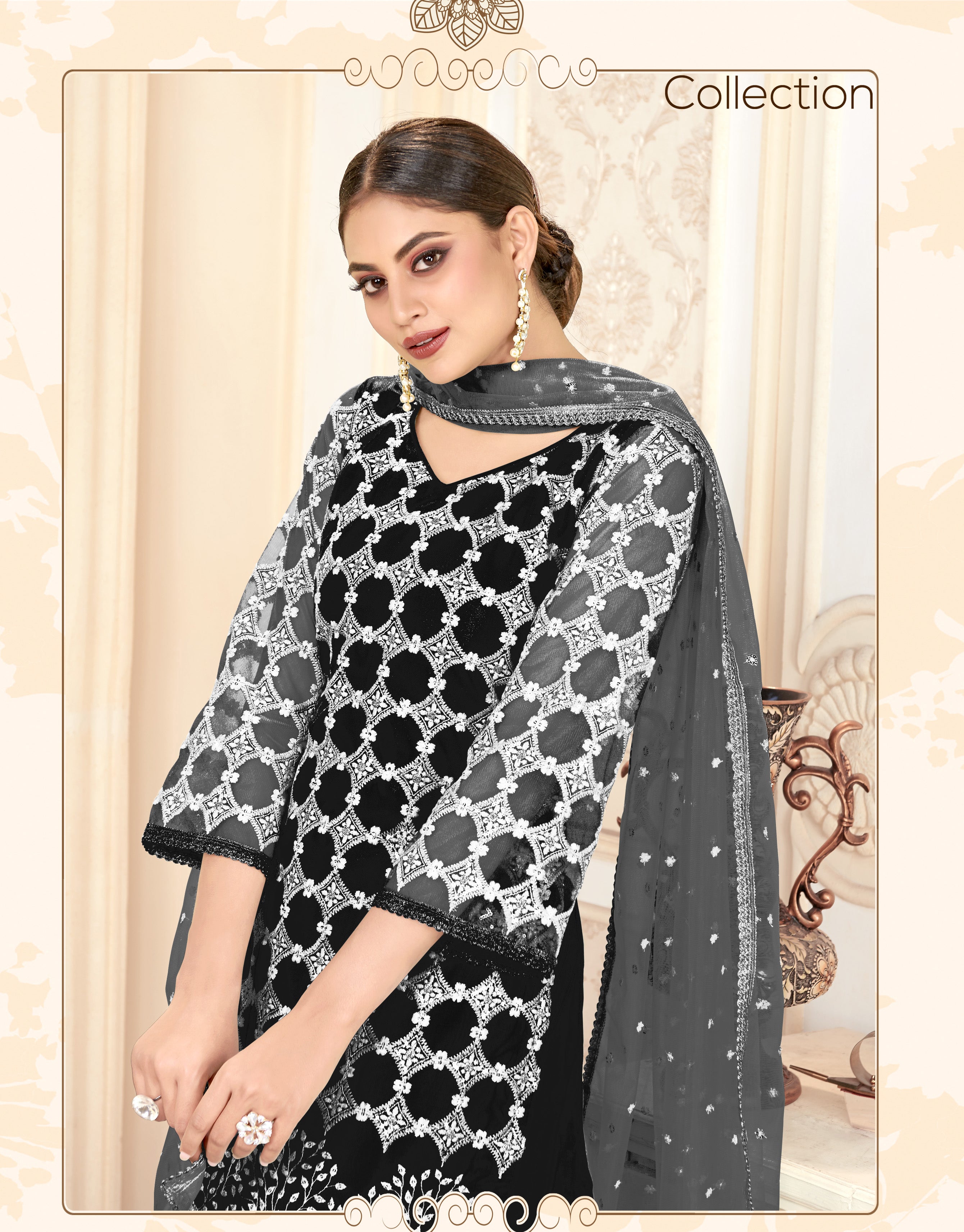Black Women Net Heavy Embroidery Work Semi Stitch Dress Material.