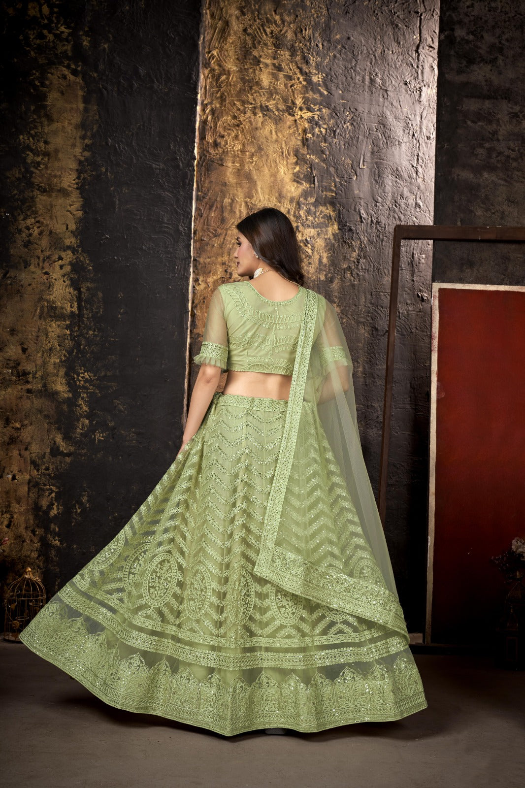Pista Heavy Net With Designer Embroidery Work Semi Stitch Lehenga Choli
