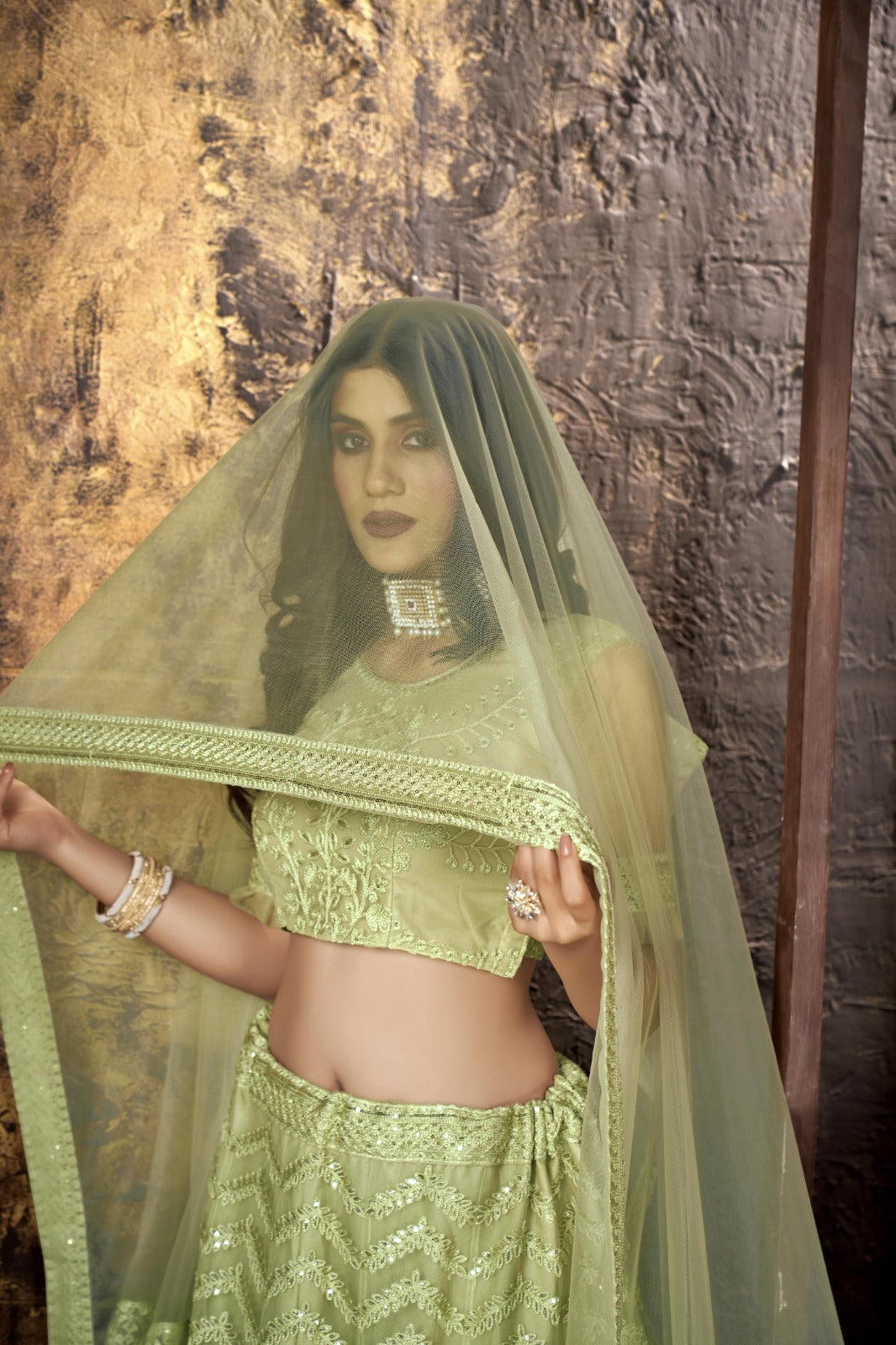Pista Heavy Net With Designer Embroidery Work Semi Stitch Lehenga Choli