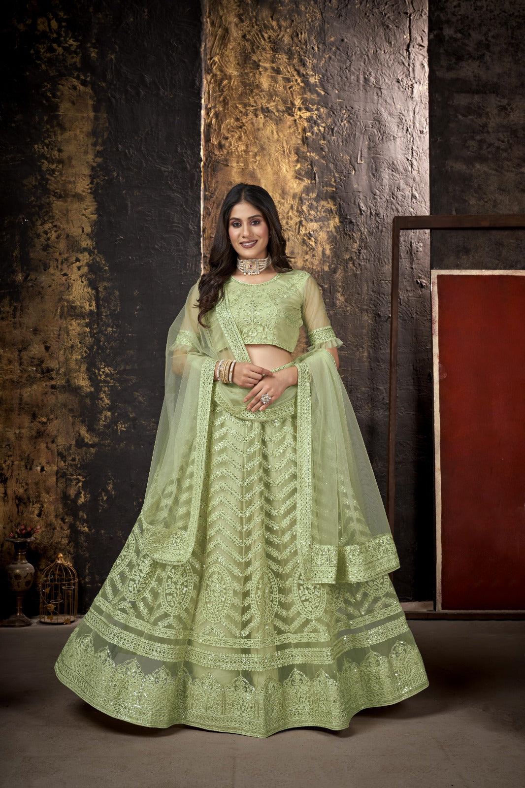 Pista Heavy Net With Designer Embroidery Work Semi Stitch Lehenga Choli