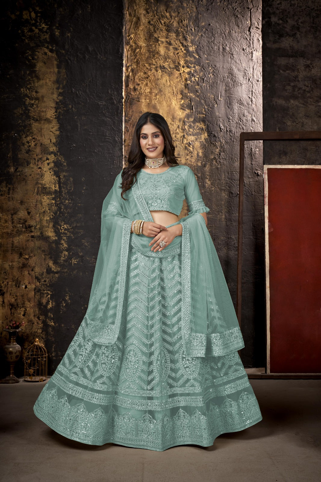 Malty Heavy Net With Designer Embroidery Work Semi Stitch Lehenga Choli