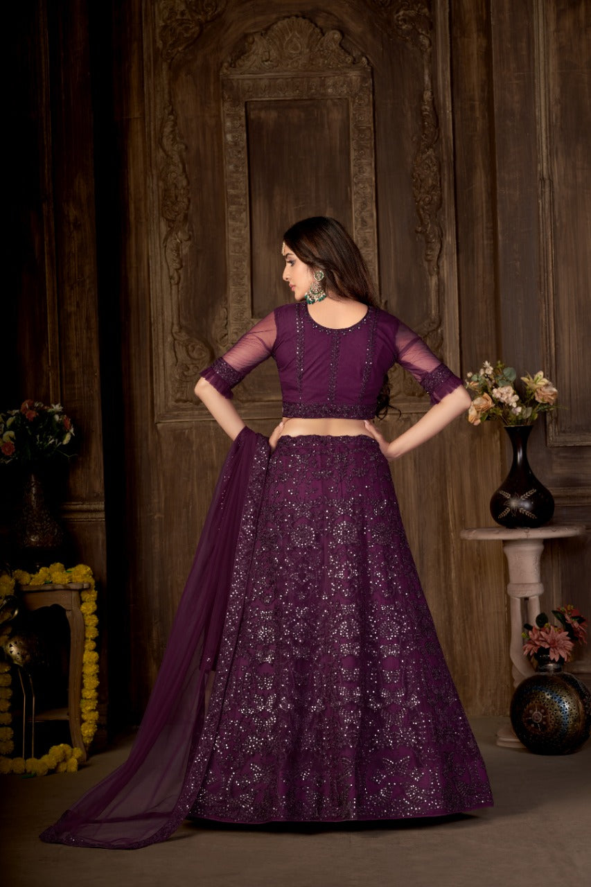 Purple Heavy Net With Printed Embroidered work Semi-Stitched Lehenga Choli