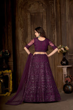 Purple Heavy Net With Printed Embroidered work Semi-Stitched Lehenga Choli