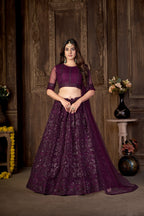 Purple Heavy Net With Printed Embroidered work Semi-Stitched Lehenga Choli