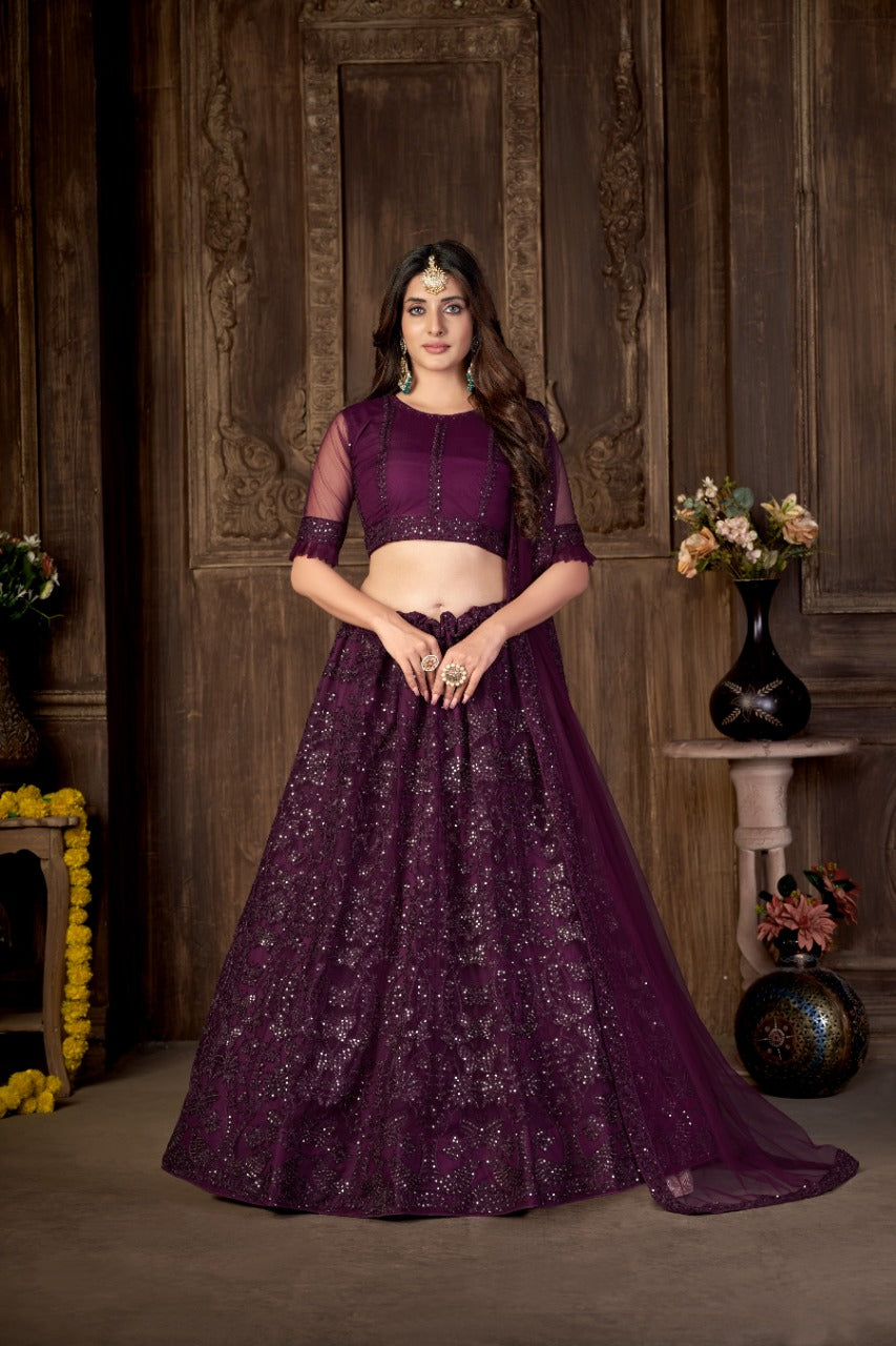 Purple Heavy Net With Printed Embroidered work Semi-Stitched Lehenga Choli