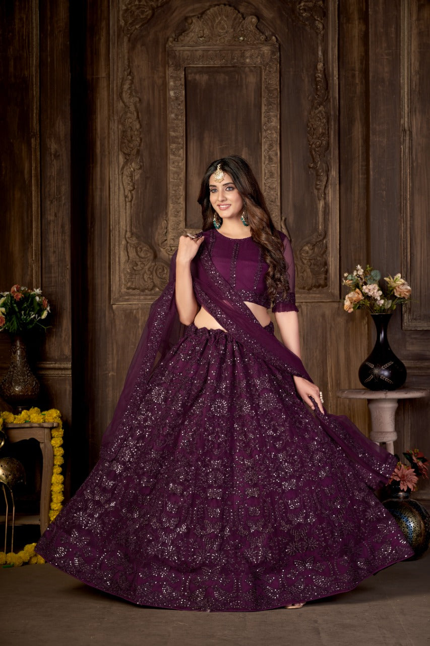 Purple Heavy Net With Printed Embroidered work Semi-Stitched Lehenga Choli