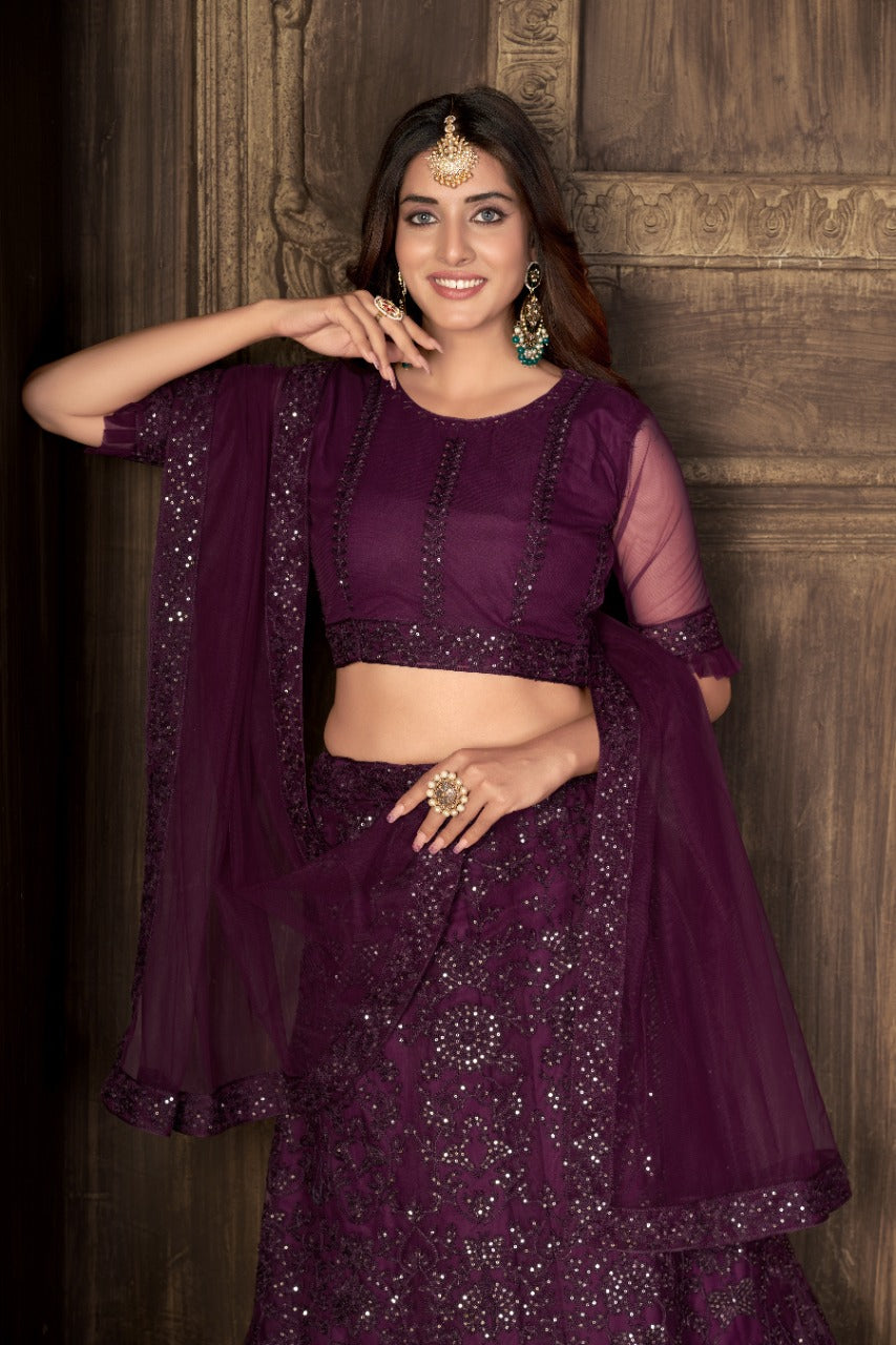 Purple Heavy Net With Printed Embroidered work Semi-Stitched Lehenga Choli