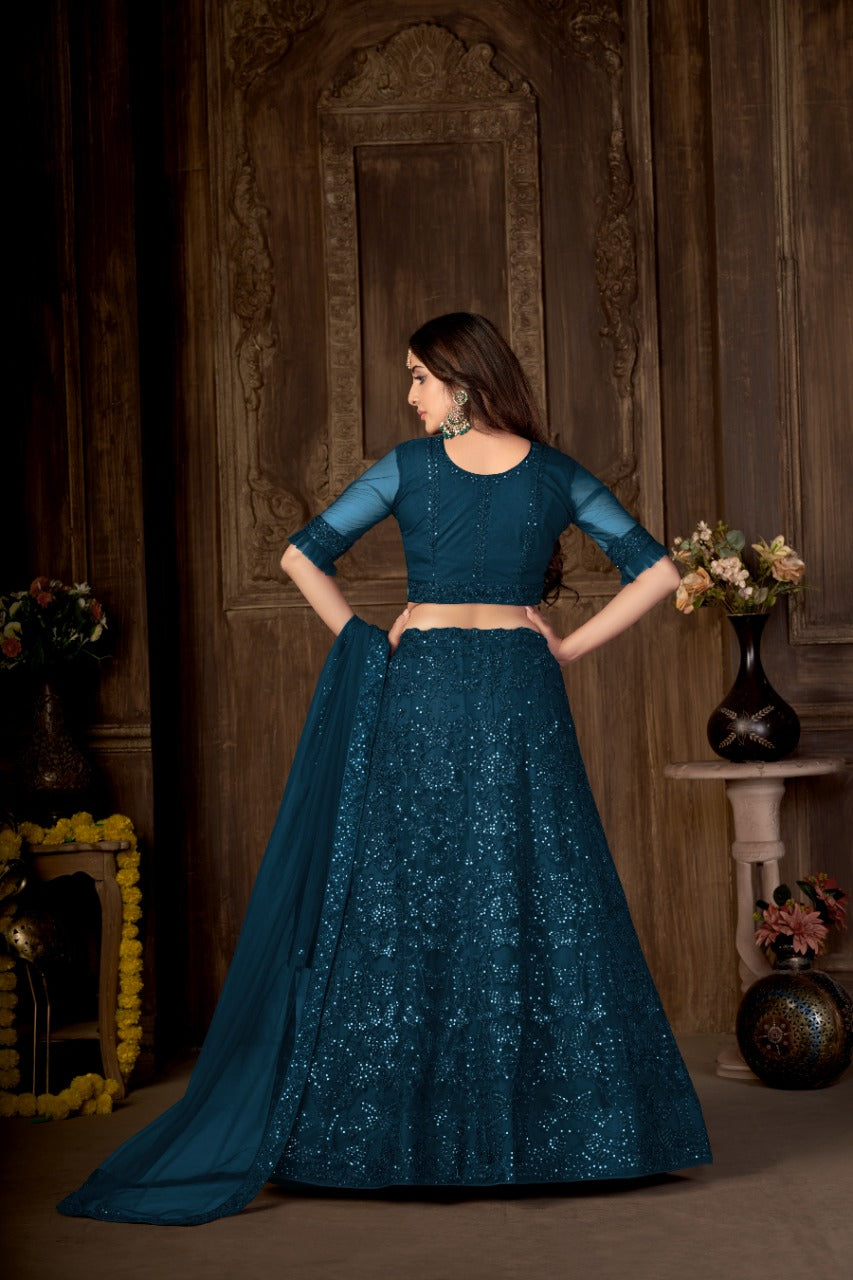 Blue Heavy Net With Printed Embroidered work Semi-Stitched Lehenga Choli