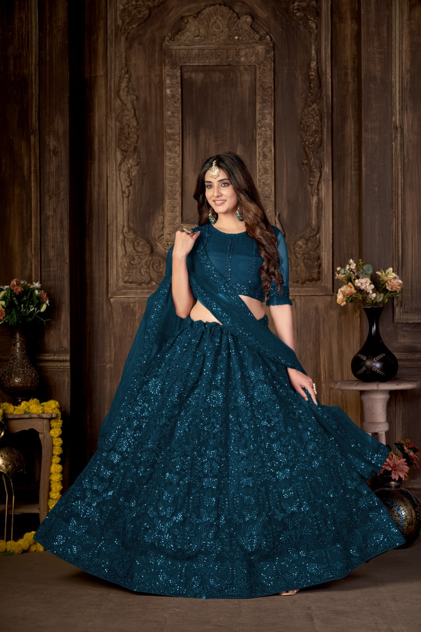 Blue Heavy Net With Printed Embroidered work Semi-Stitched Lehenga Choli