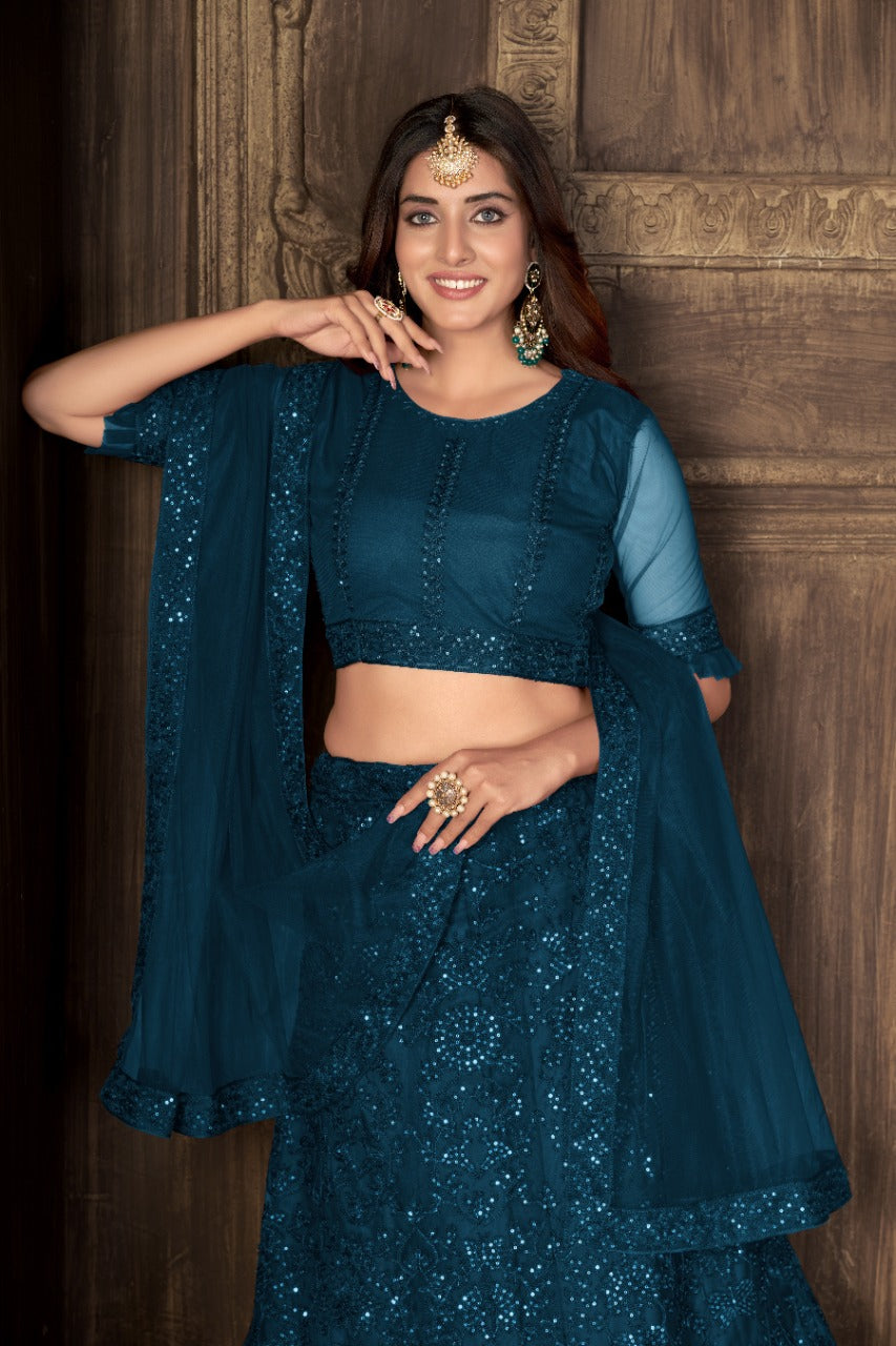 Blue Heavy Net With Printed Embroidered work Semi-Stitched Lehenga Choli