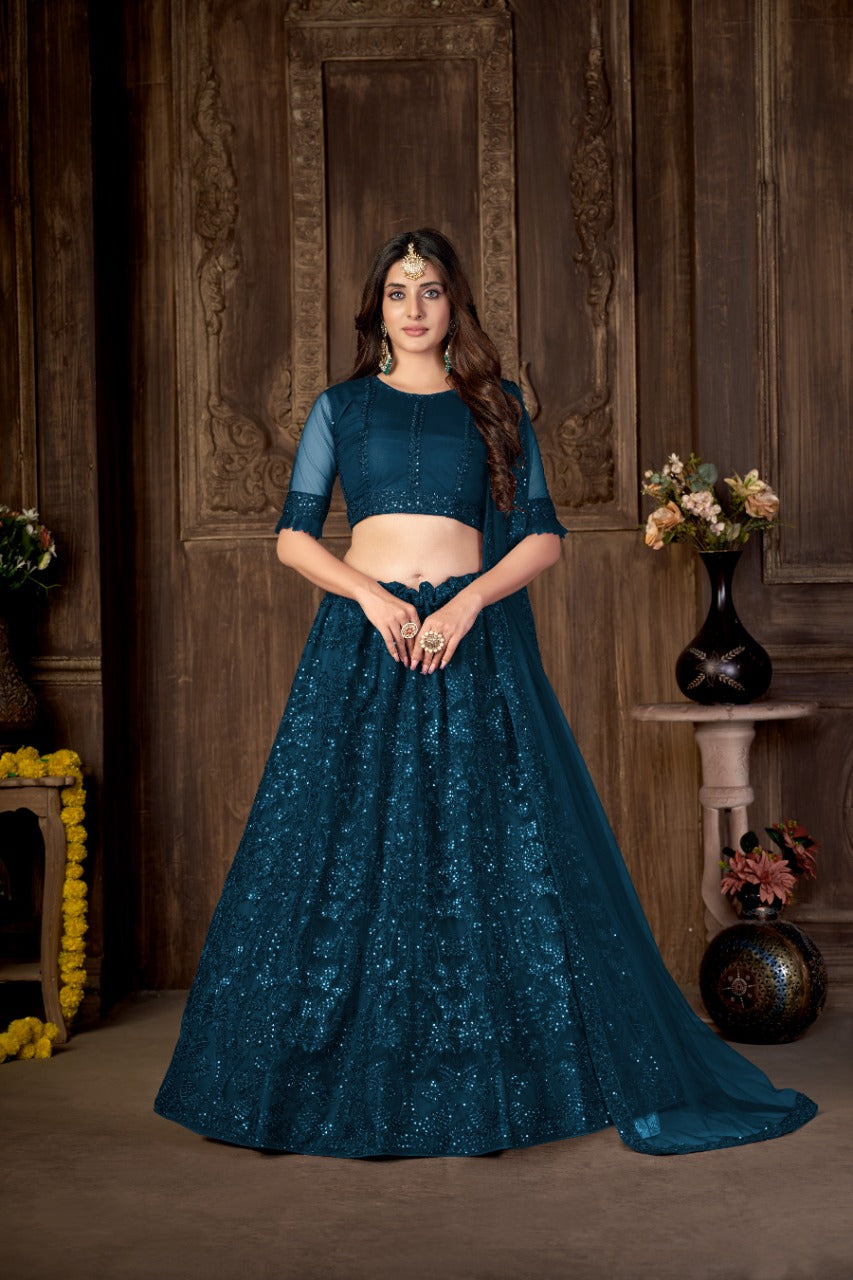 Blue Heavy Net With Printed Embroidered work Semi-Stitched Lehenga Choli