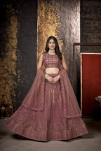 Peach Heavy Net With Sequence Embroidery Work Semi-Stitched Lehenga Choli