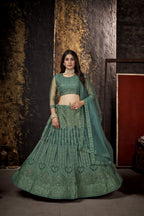 Sea Green Heavy Net With Sequence Embroidery Work Semi-Stitched Lehenga Choli