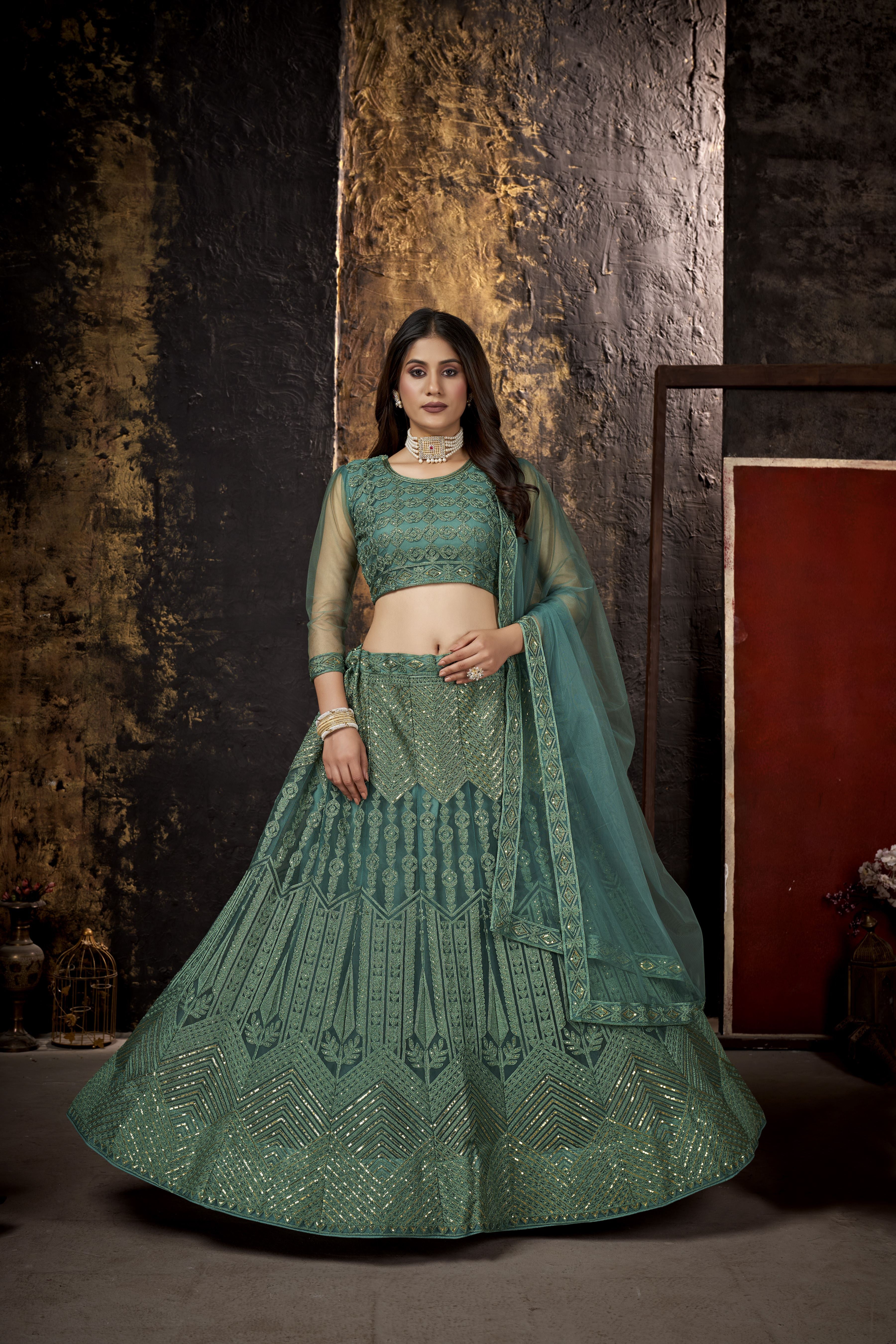 Sea Green Heavy Net With Sequence Embroidery Work Semi-Stitched Lehenga Choli