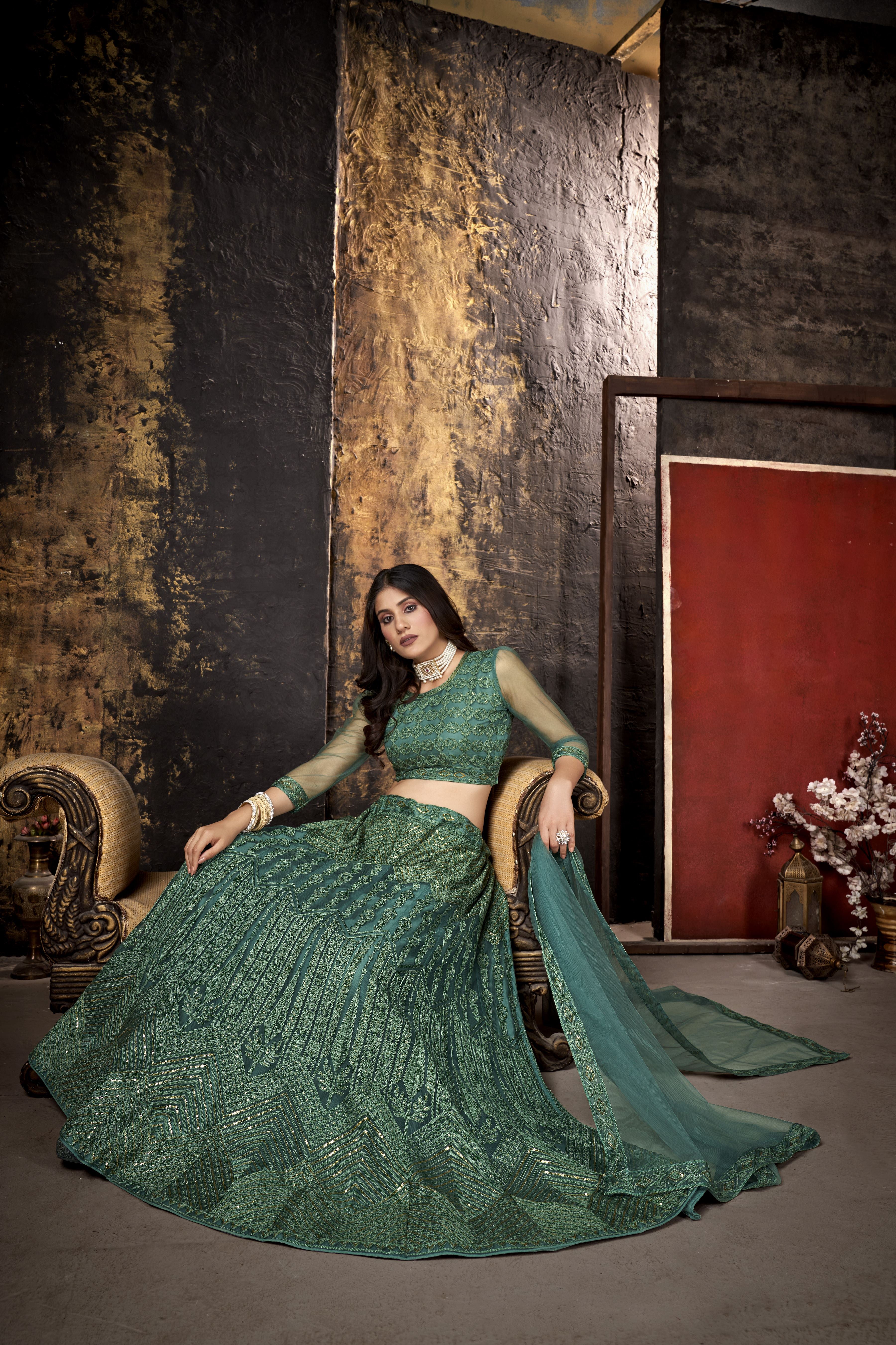 Sea Green Heavy Net With Sequence Embroidery Work Semi-Stitched Lehenga Choli