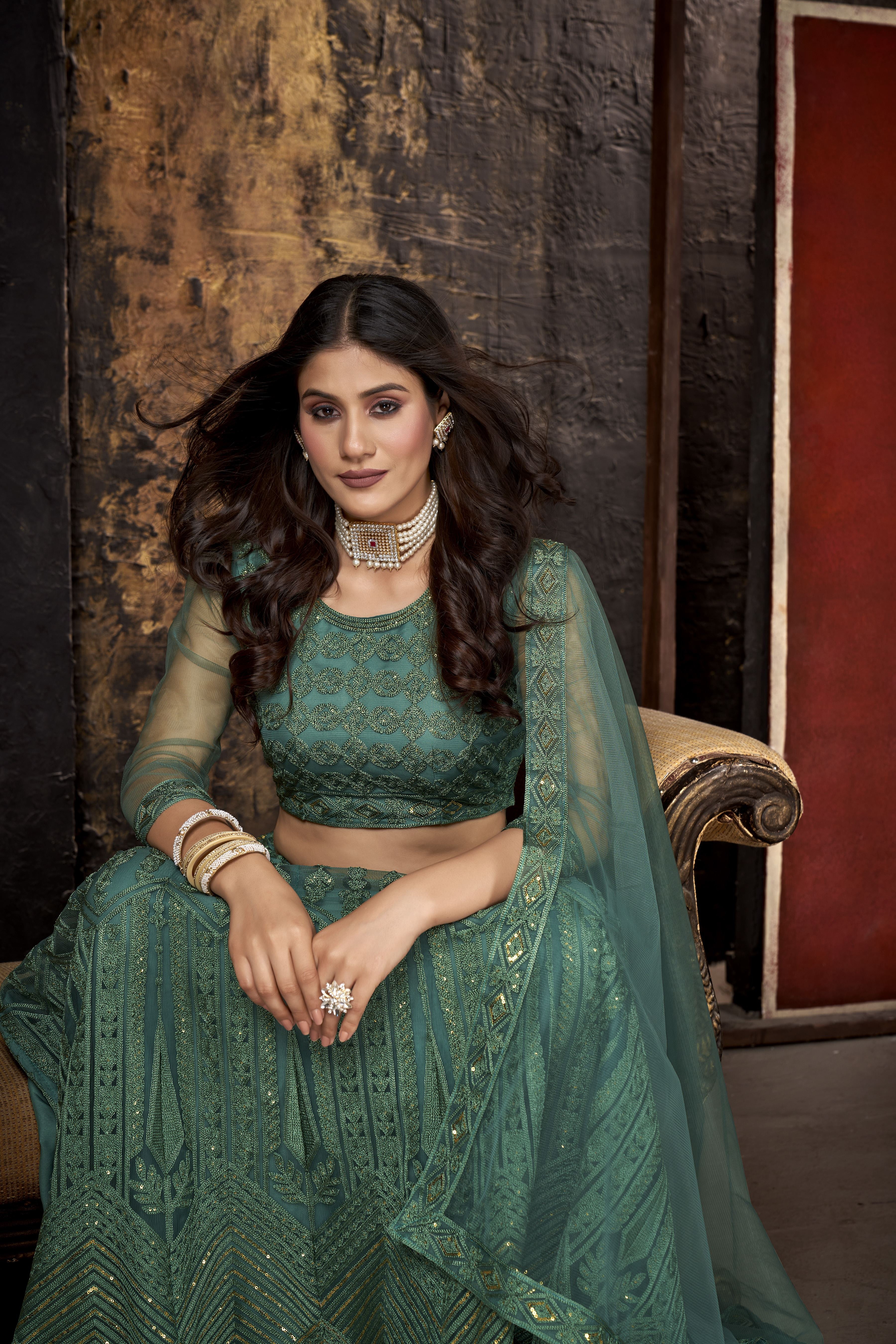 Sea Green Heavy Net With Sequence Embroidery Work Semi-Stitched Lehenga Choli