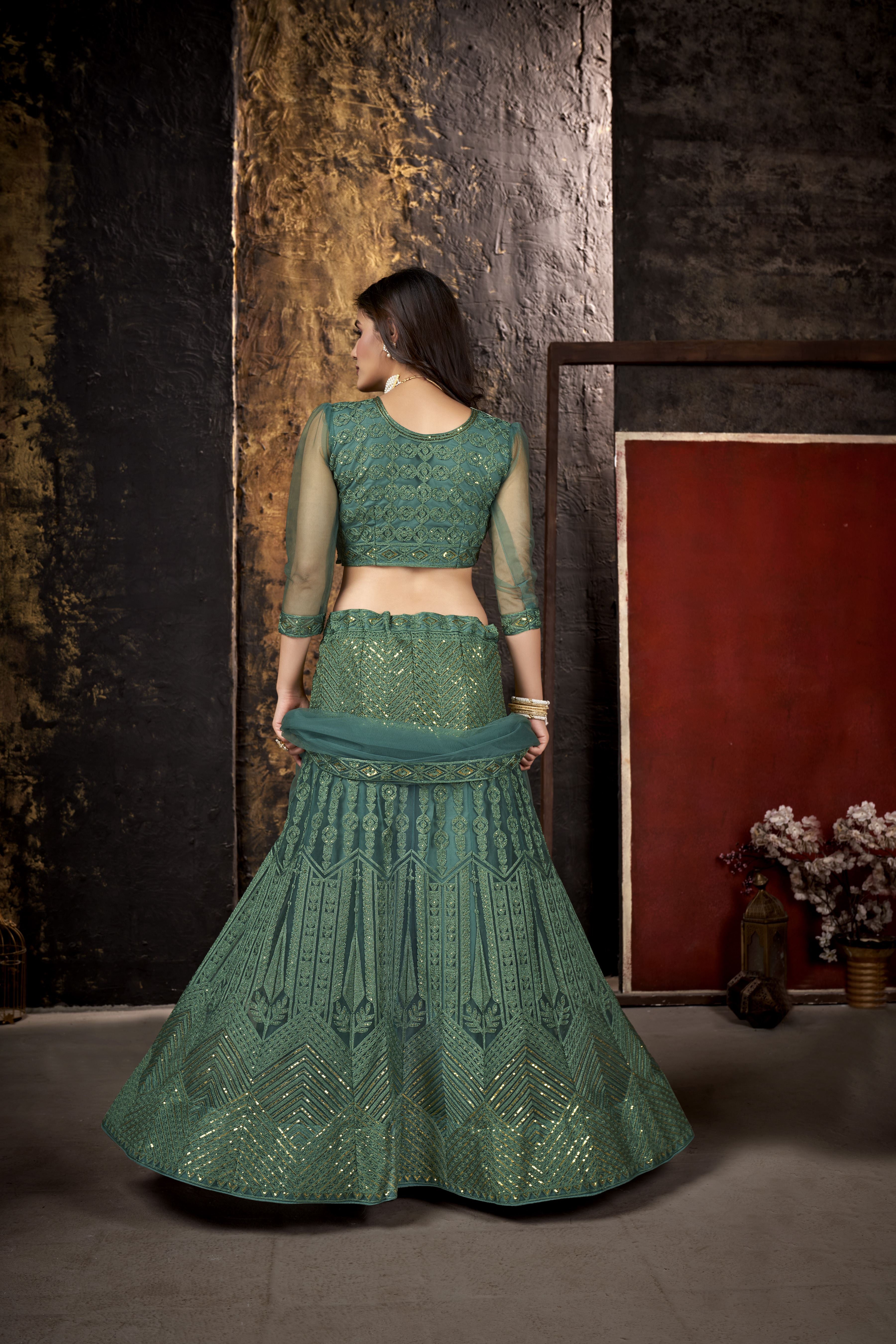 Sea Green Heavy Net With Sequence Embroidery Work Semi-Stitched Lehenga Choli