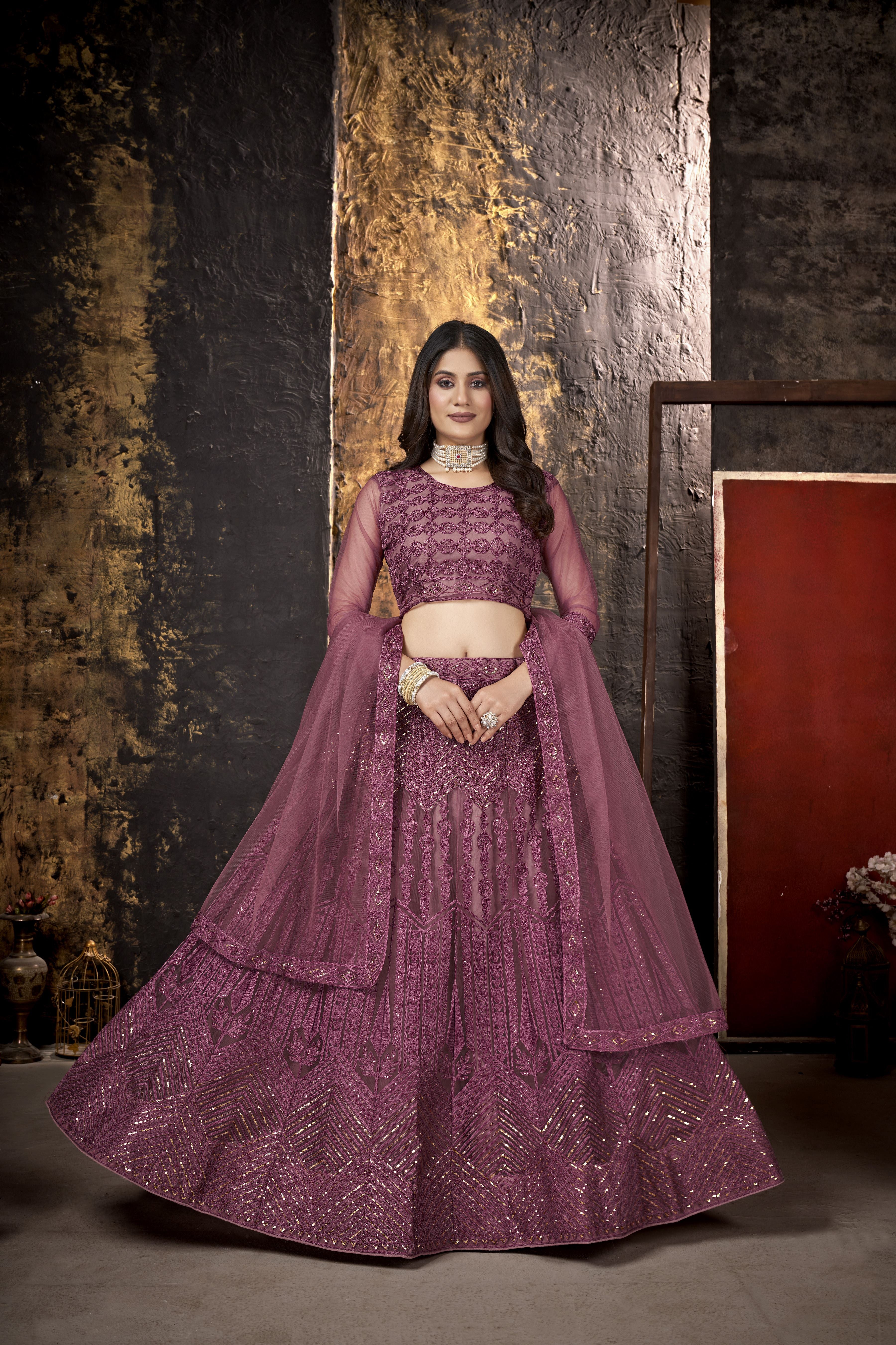 Pink Heavy Net With Sequence Embroidery Work Semi-Stitched Lehenga Choli