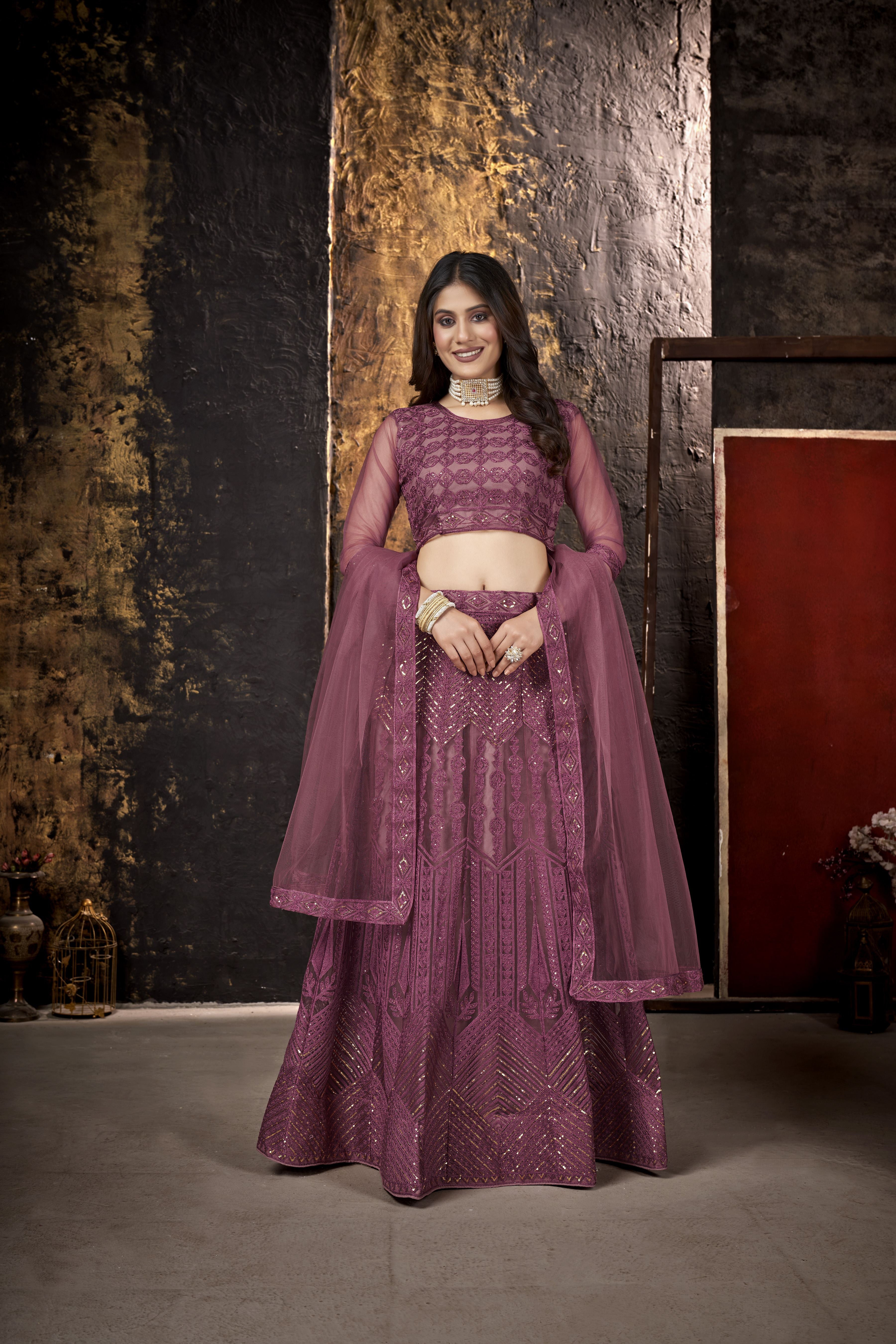 Pink Heavy Net With Sequence Embroidery Work Semi-Stitched Lehenga Choli