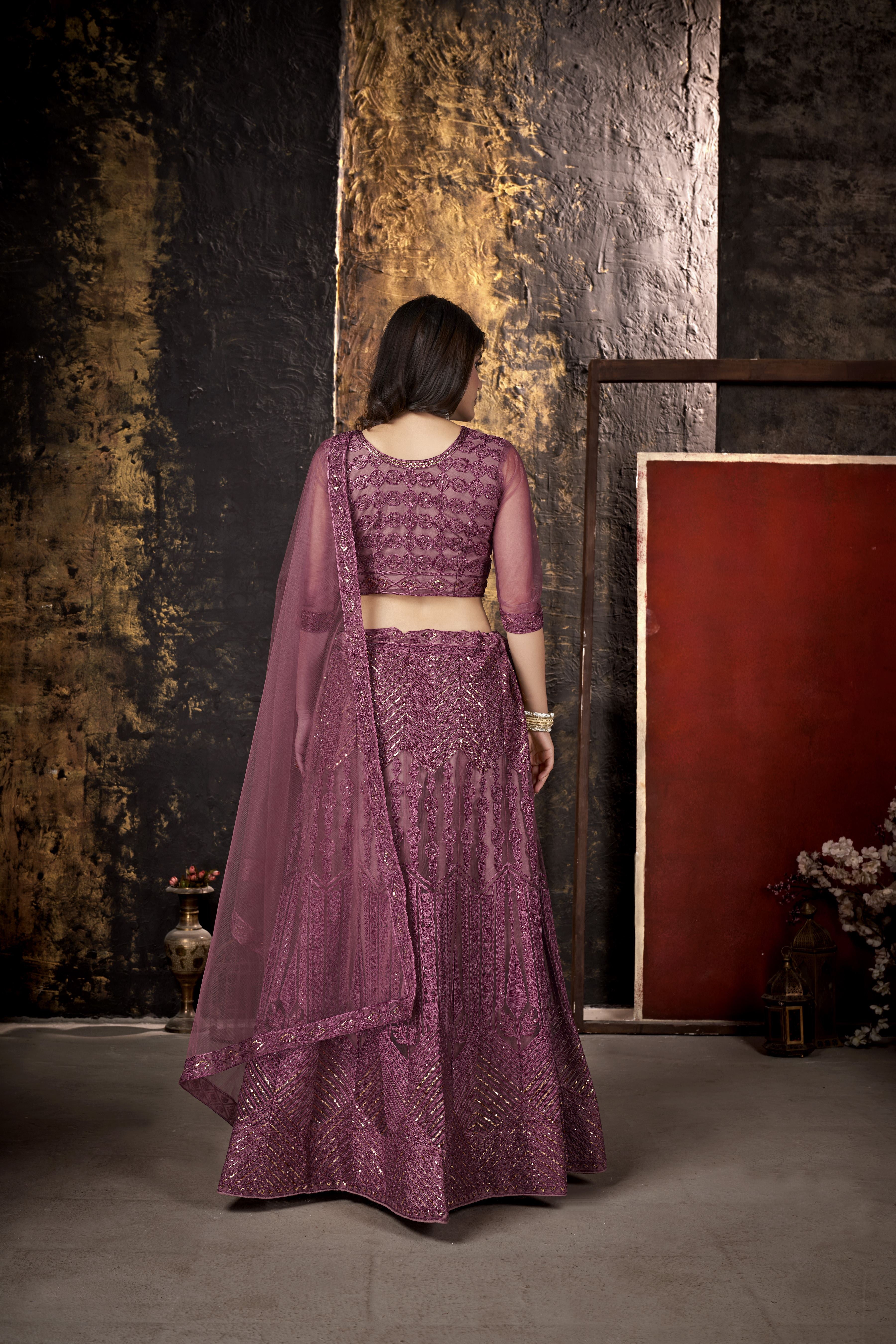 Pink Heavy Net With Sequence Embroidery Work Semi-Stitched Lehenga Choli