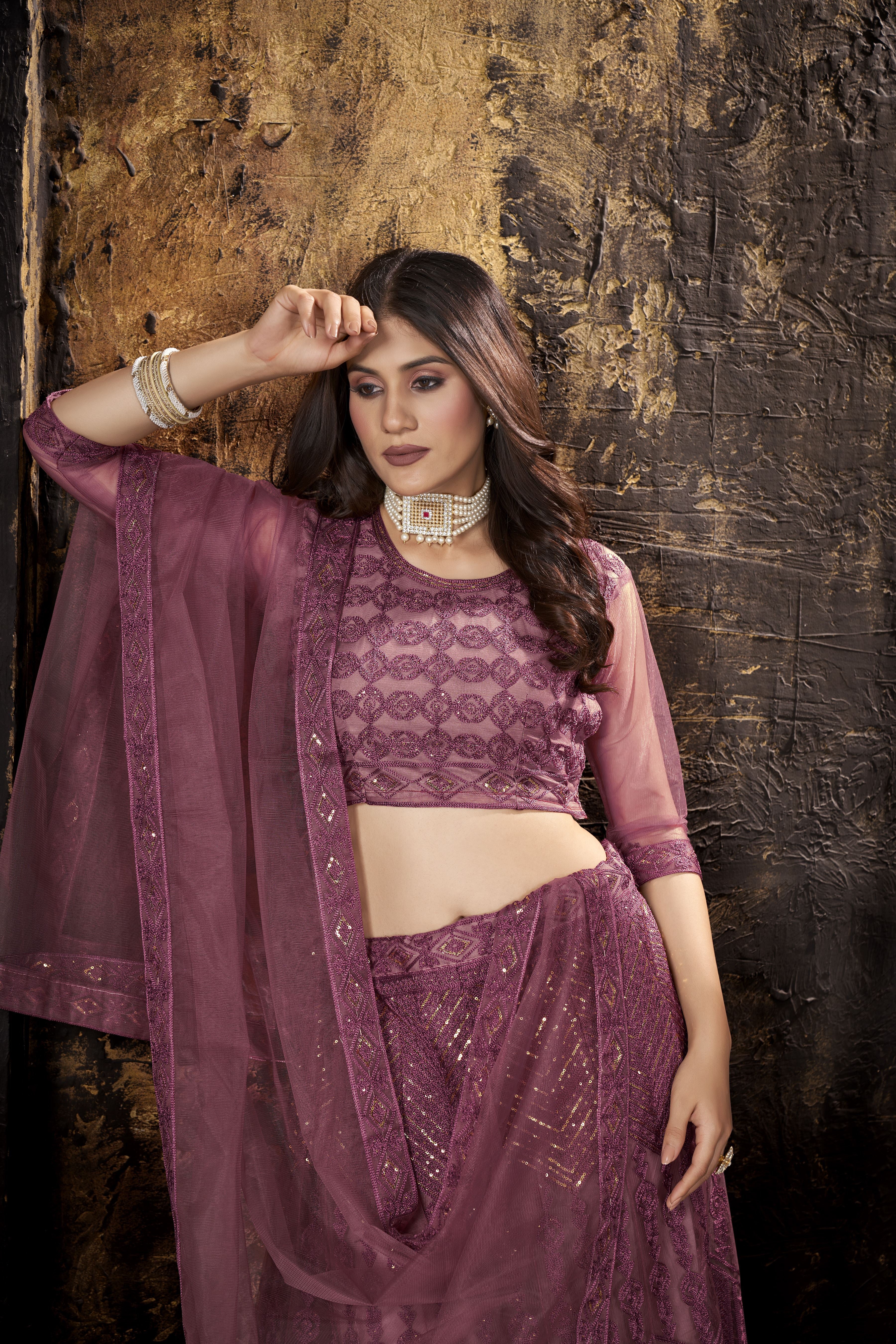 Pink Heavy Net With Sequence Embroidery Work Semi-Stitched Lehenga Choli