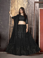 Black Heavy Net With Sequence Embroidery Work Semi-Stitched Lehenga Choli