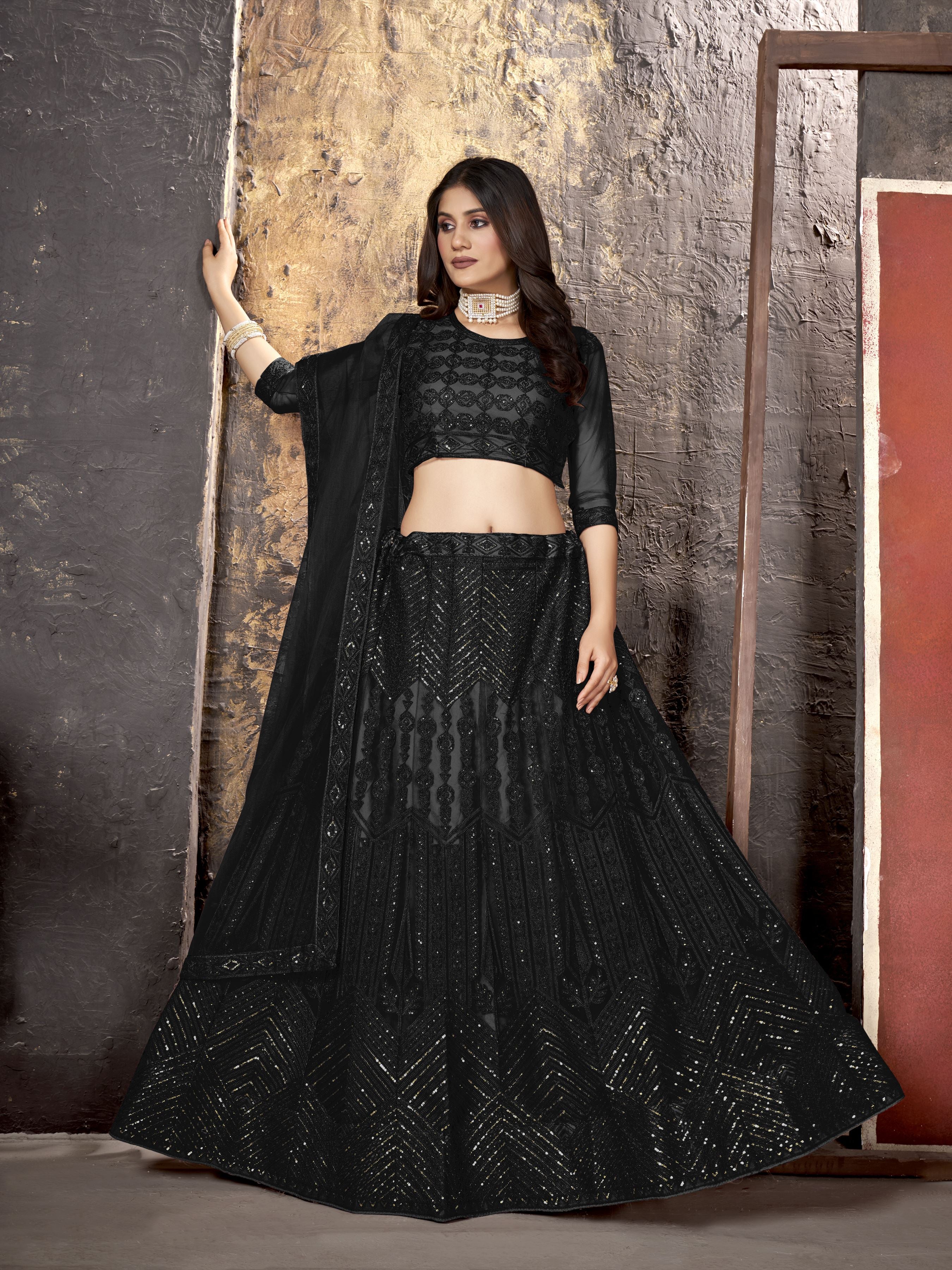 Black Heavy Net With Sequence Embroidery Work Semi-Stitched Lehenga Choli