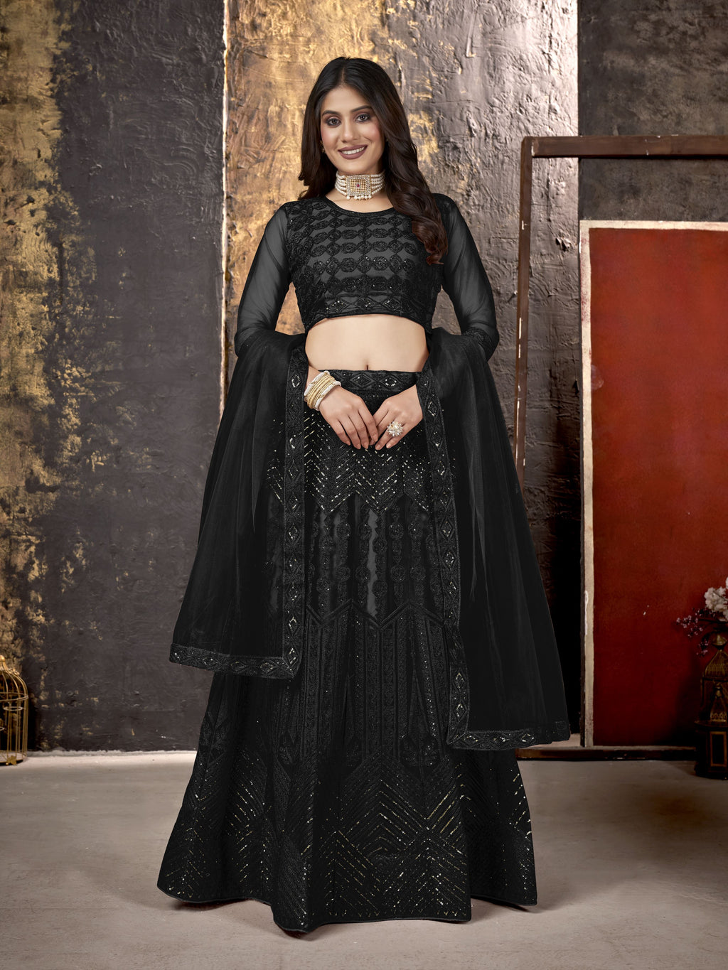 Black Heavy Net With Sequence Embroidery Work Semi-Stitched Lehenga Choli
