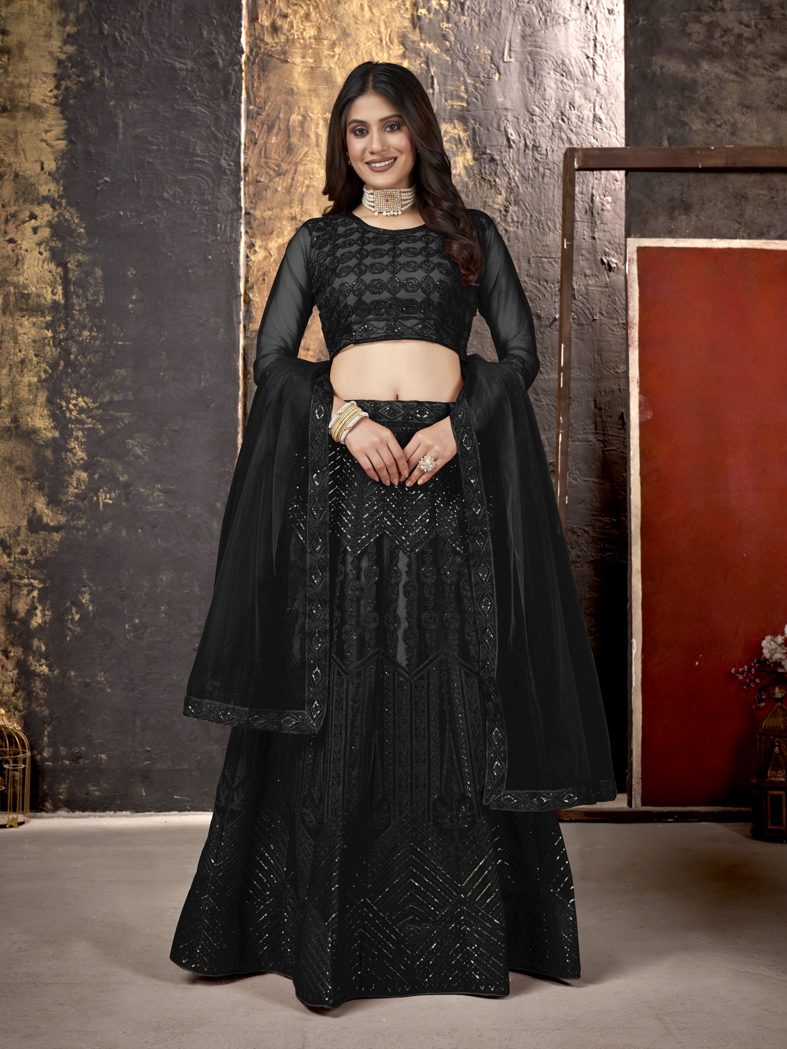 Black Heavy Net With Sequence Embroidery Work Semi-Stitched Lehenga Choli