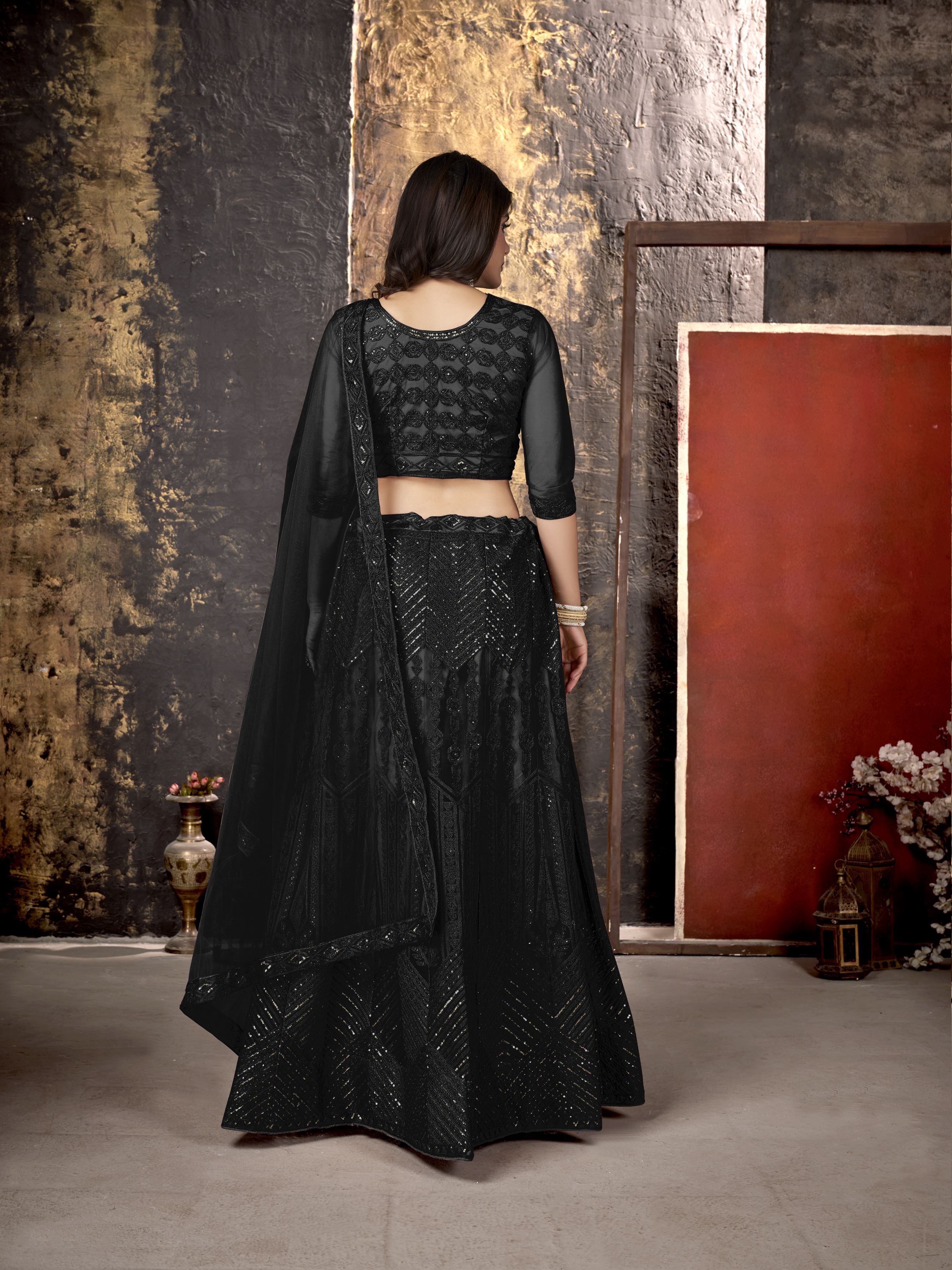 Black Heavy Net With Sequence Embroidery Work Semi-Stitched Lehenga Choli