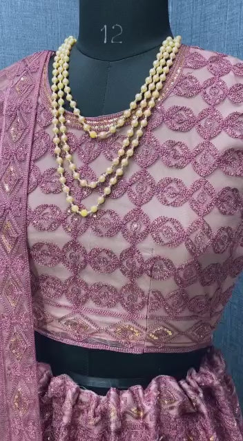 Peach Heavy Net With Sequence Embroidery Work Semi-Stitched Lehenga Choli